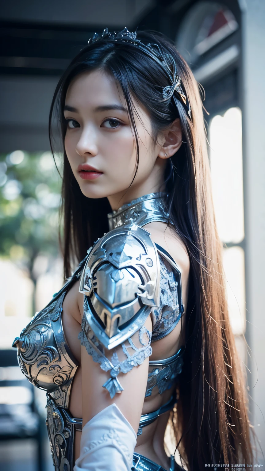front_View, masterpiece, highest quality, Realistic, RAW Photos, (One girl, looking at Viewer), Long Hair, Mechanical White Armor, Elaborate armor, Delicate blue filigree, Exquisite craftsmanship, Red Metal Parts, Details, Dynamic pose, Detailed Background, Dynamic Lighting,