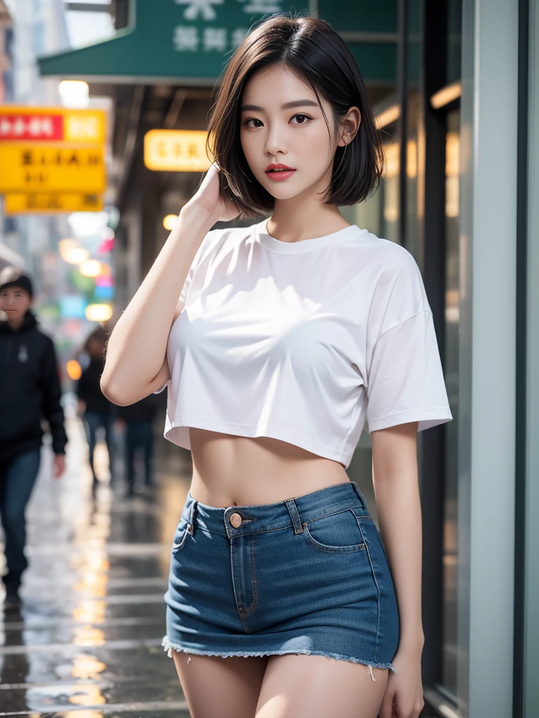 ((Best Quality, 8k, Masterpiece: 1.3)), Focus: 1.2, Perfect Body Beauty: 1.4, Buttocks: 1.2, ((Layered Haircut, Beautiful Breasts: 1.2)), (Wet Clothes: 1.1) , (Rain, Street:1.3), Colorful Short T-Shirt: 1.1, Short Skirt, Open Belly Button, Highly Detailed Face and Skin Texture, Fine Eyes, Double Eyelids, Whitened Skin, Long Hair
