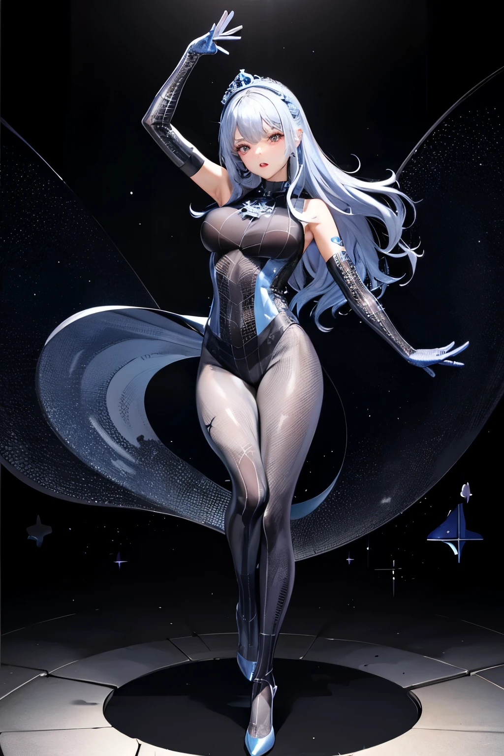 （（（highest quality、first-clasasterpiece、Normal body、8k、Detailed face、Ultra-precision、Normal hand、Normal finger、５Finger、）））Blue and silver hair、Princess、Full Body Tights、Fishnet tights、dance、Intense dances、Hole-filled tights