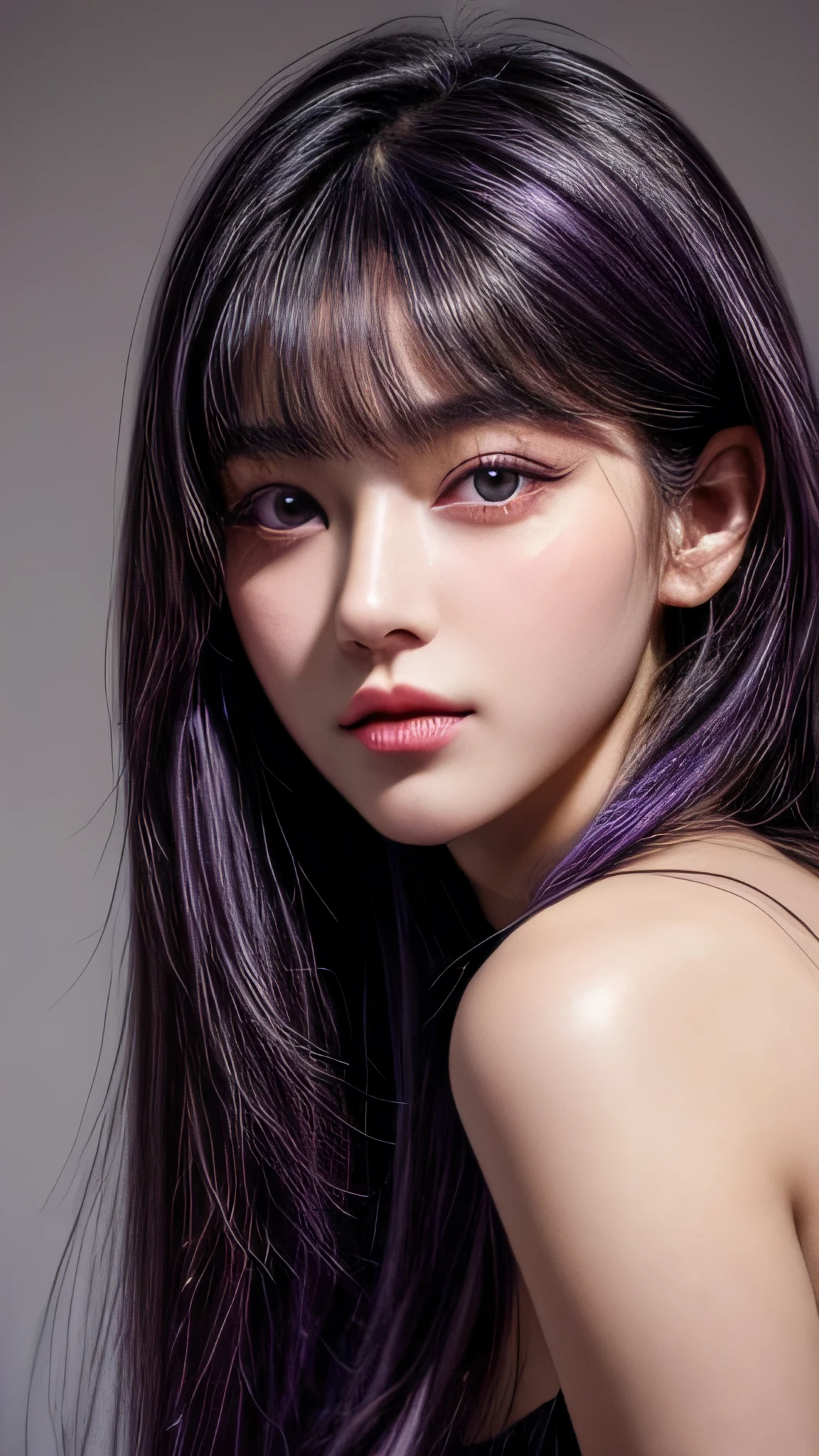 face potrait (best quality, high detailed facial feature, realistic, masterpiece) (r, gorgeous girl ) (natural beauty, almond eyes shape, deep black eyes, purple hair color) perfect hairstyle
