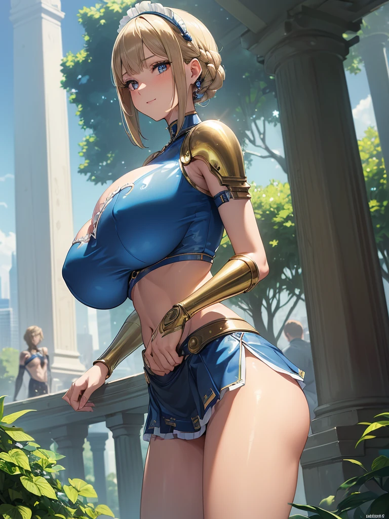(((masterpiece))), (((best quality))), ((ultra-detailed)), (illustration), ((an extremely delicate and beautiful)), ((super detail)), ((high resolution)), (((20 years old))), metallic cloth, (maid), (super heroine), (android), delicate metal decorations, gleaming skin, shiny body, two legs, breast focus, (((tall))), slender legs, ((big round eyes)), cute eyes, drooping eyes, ((adult)), two hands, five fingers, no extra hands, elegant smile, braid, ((metallic blue)), (see-through), (dark blonde), (((ultra-huge breasts))), (shining brightly), outdoor, mini skirt, daytime, ((biopunk)), (hair shorter than shoulder), (medium length hair), gynoid, (slime bikini), garden, city, ((midriff-baring outfit)), (no mob characters),
