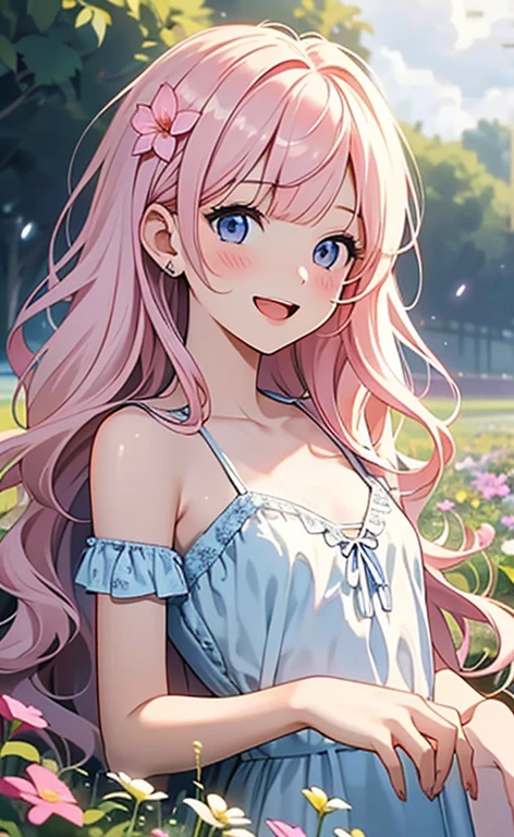 (masterpiece:1.4、top-quality、illustration:,realistic、)、(character focus、,upper body:1.3)、(1girl),(Open mouth light smile:1.3),(),cute face,blue eyes、(tareme:1.3)、
(reclining
:1.4),(pink blonde hair),(very long hair:1.3)、
,(Flower Field、Flower storm:1.3),(white camisole dress:1.5),
(blunt bangs),(volumey,sidelocks,wavy hair:1.3), (small breasts:1.3)、
、slender、