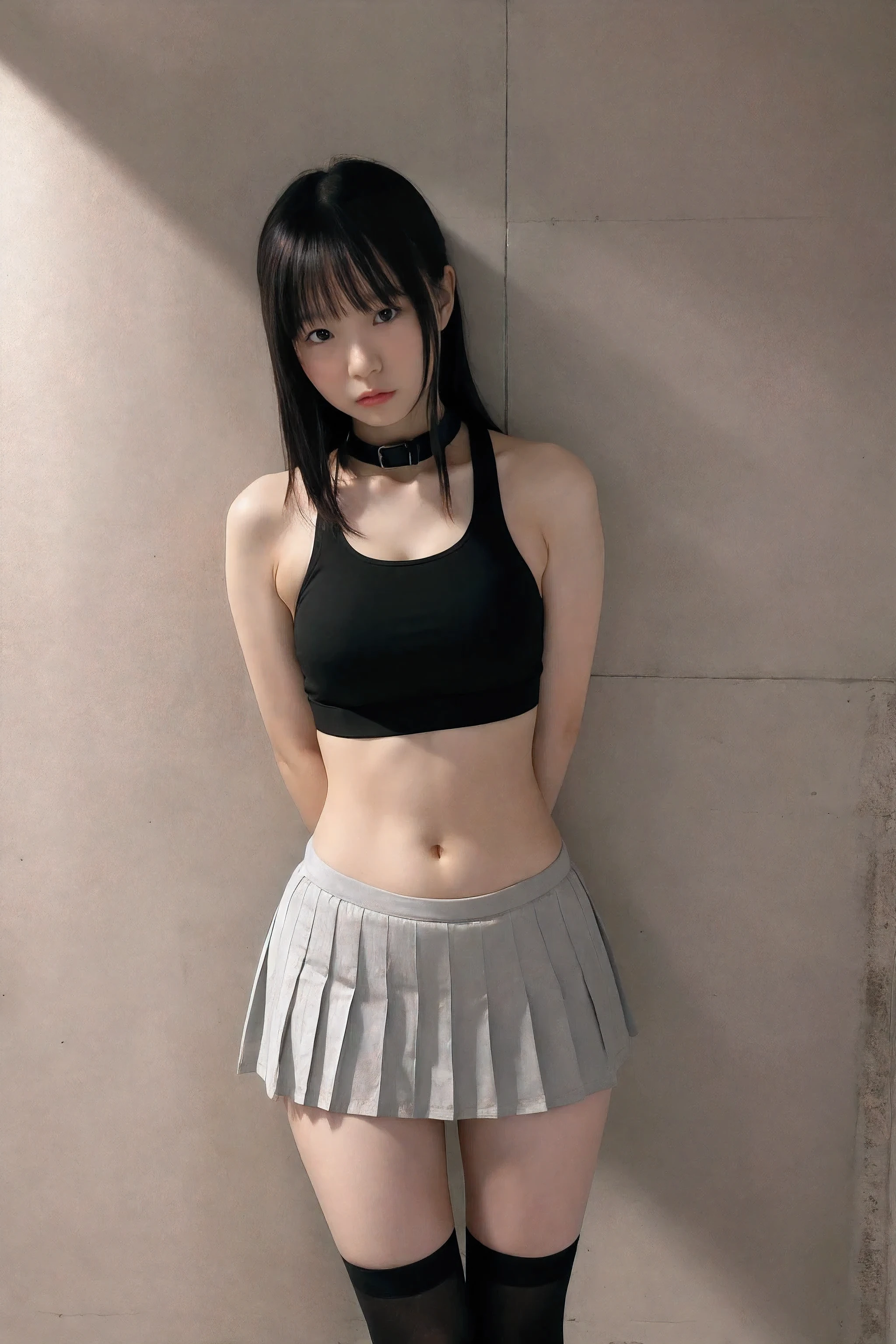 In prison, black collar, three cheerleaders, , (looking at viewer), (arms behind back), (symmetrical pose), sports bra, navel exposed, pleated micro-mini skirt, socks, being trained by master, sad expression