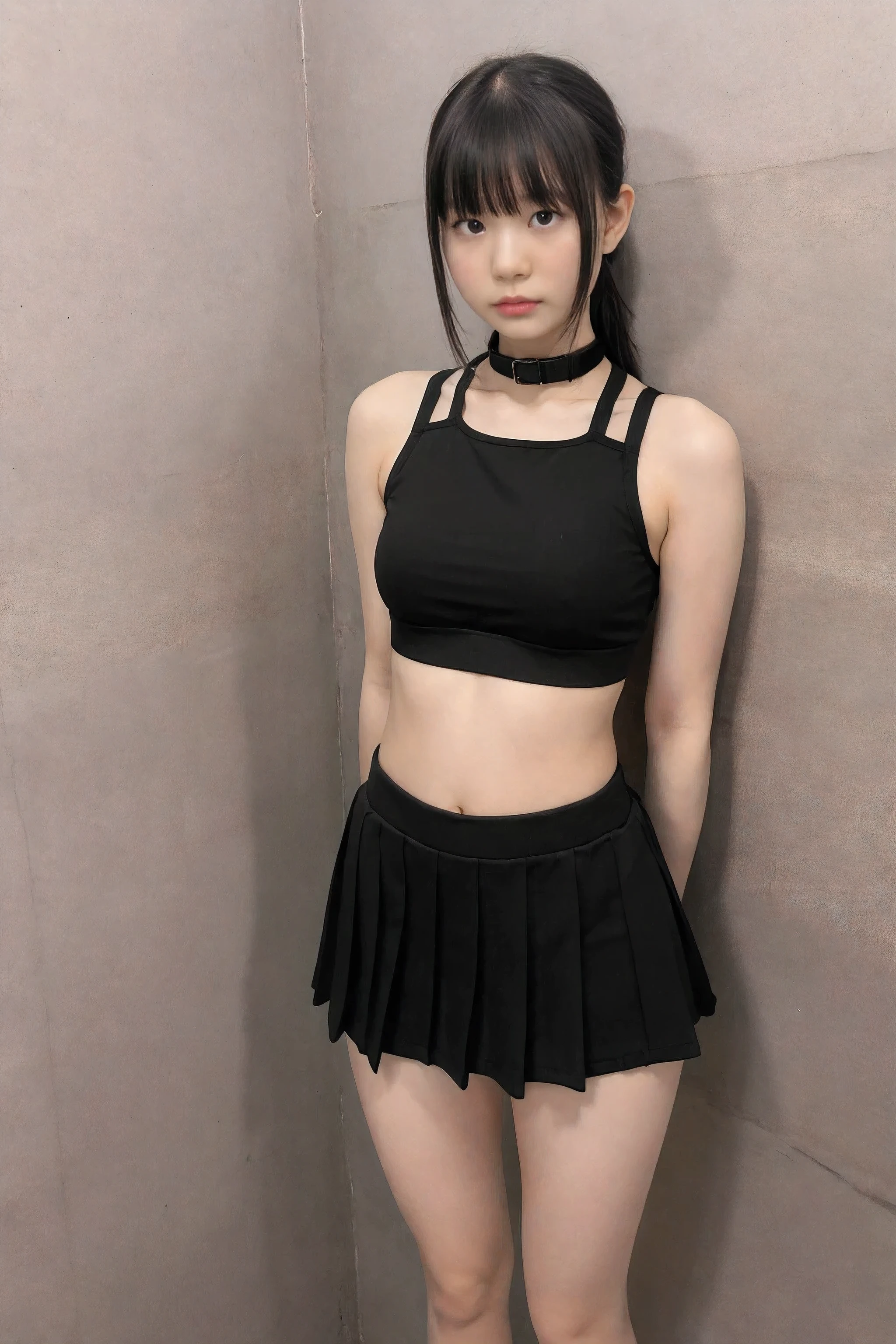 In prison, black collar, three cheerleaders, , (looking at viewer), (arms behind back), (symmetrical pose), sports bra, navel exposed, pleated micro-mini skirt, socks, being trained by master, sad expression