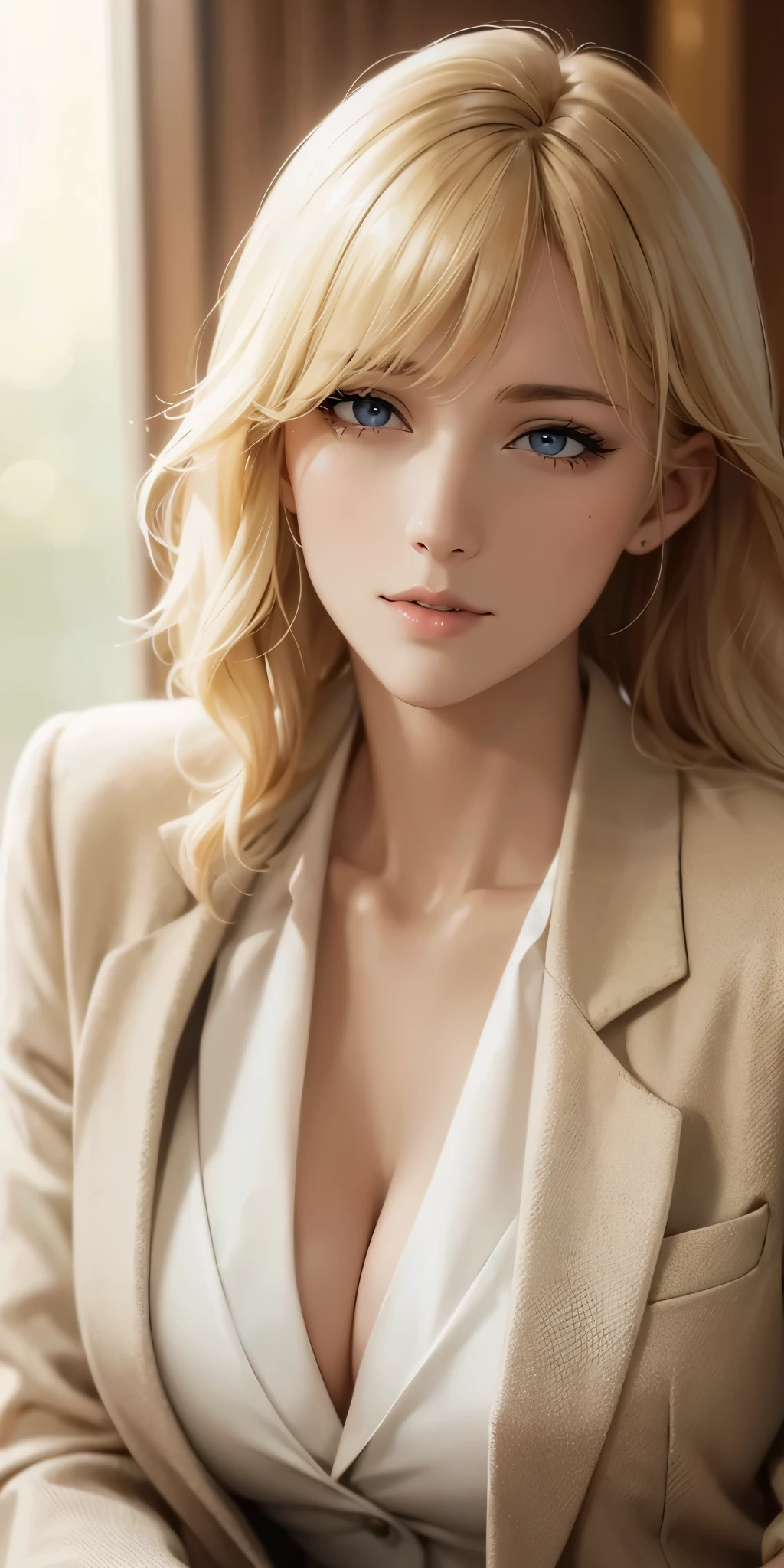Elegant mature woman, long neck, blonde hair, short wavy hair, bangs, blazer, cleavage, soft light, high quality, 4k resolution 