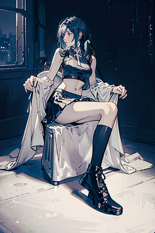 Original photo, best quality, full body photo), (Realistic, photo fidelity: 1.3), (Extremely delicate and beautiful: 1.1) 1 woman chiseled physique and wide hips, leggings, pleated skirt, sports top, high ponytail, high boots, long fur jacket, on a hazy moonlit night in a ghost town, monochrome style, line art, detailed face, detailed eye's, detailed lips, wide hips
