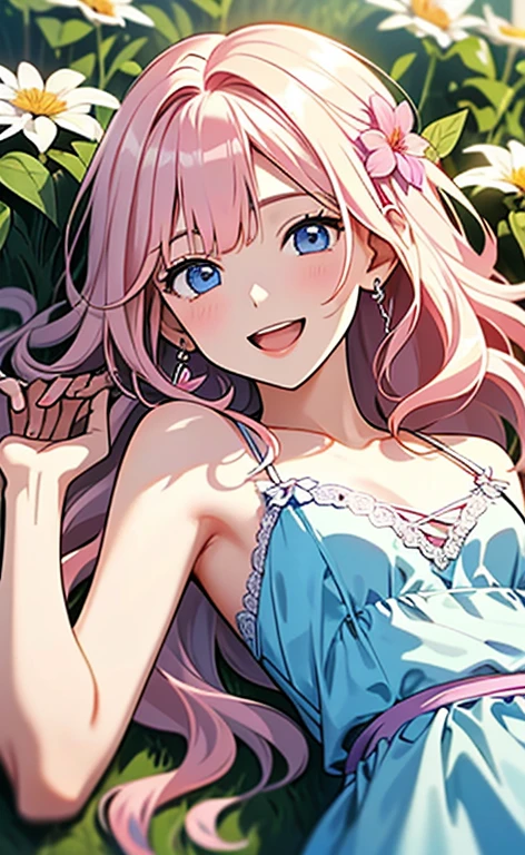 (masterpiece:1.4、top-quality、illustration:,realistic、)、(character focus、,upper body:1.3)、(1girl),(Open mouth light smile:1.3),(),cute face,blue eyes、(tareme:1.3)、
(reclining
:1.4),(pink blonde hair),(very long hair:1.3)、
,(Flower Field、Flower storm:1.3),(white camisole dress:1.5),
(blunt bangs),(volumey,sidelocks,wavy hair:1.3), (small breasts:1.3)、
、slender、
