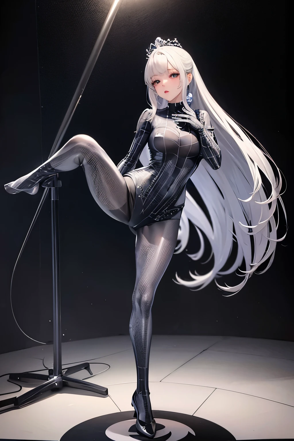 （（（highest quality、first-clasasterpiece、Normal body、8k、Detailed face、Ultra-precision、Normal hand、Normal finger、５Finger、）））Silver Hair、Princess、Full Body Tights、Fishnet tights、pole dance、Dancer、Break dance