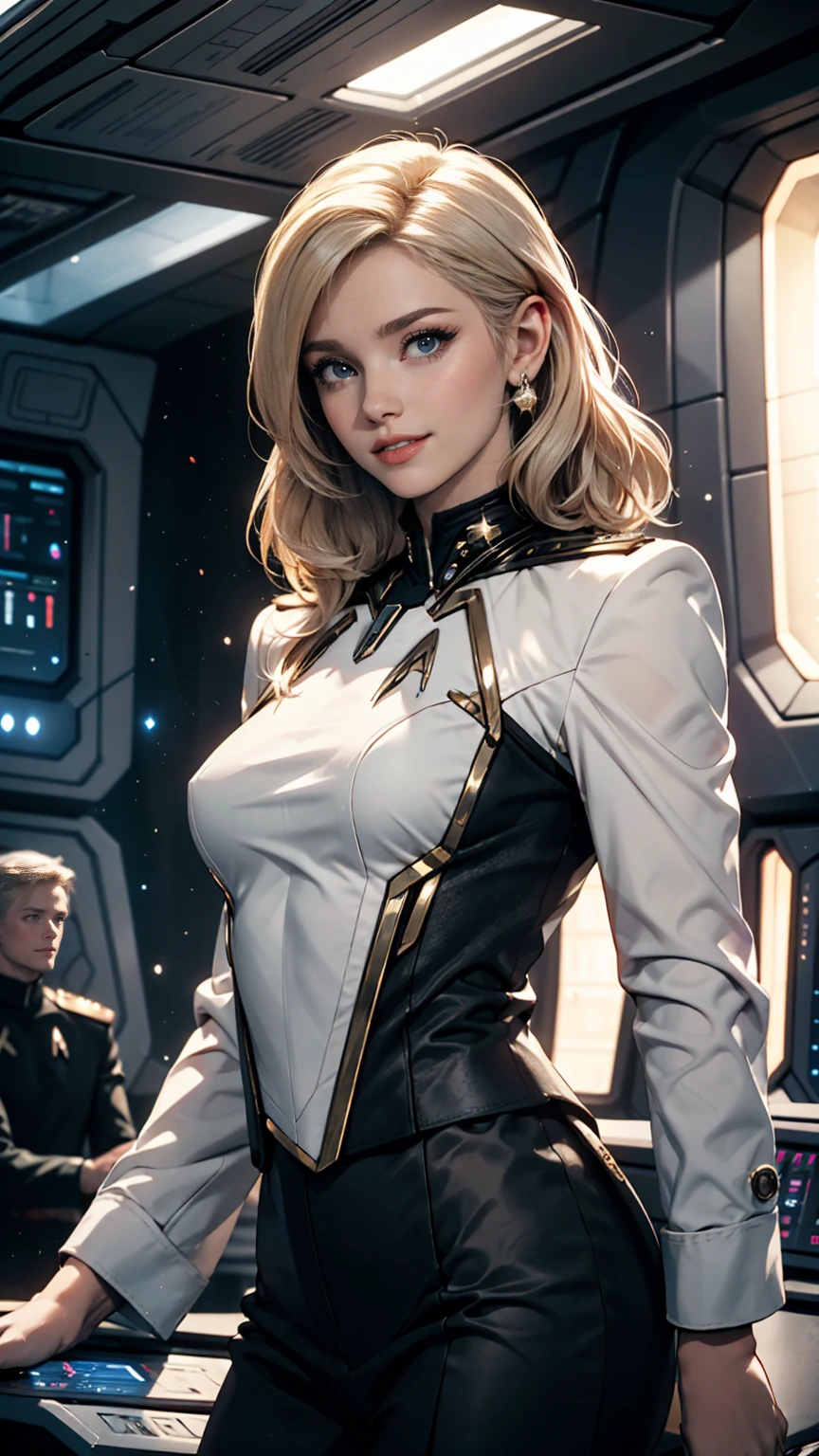 White woman、Platinum Blonde、Star Trek Uniforms、Inside the Star Trek ship、smile、Captain、salute