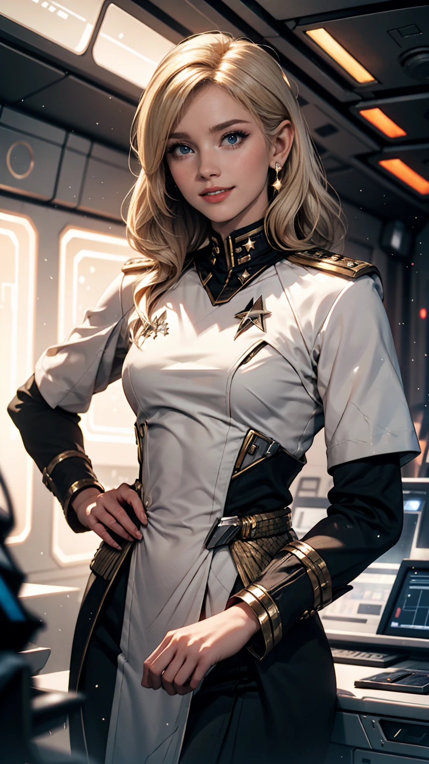 White woman、Platinum Blonde、Star Trek Uniforms、Inside the Star Trek ship、smile、Captain、salute