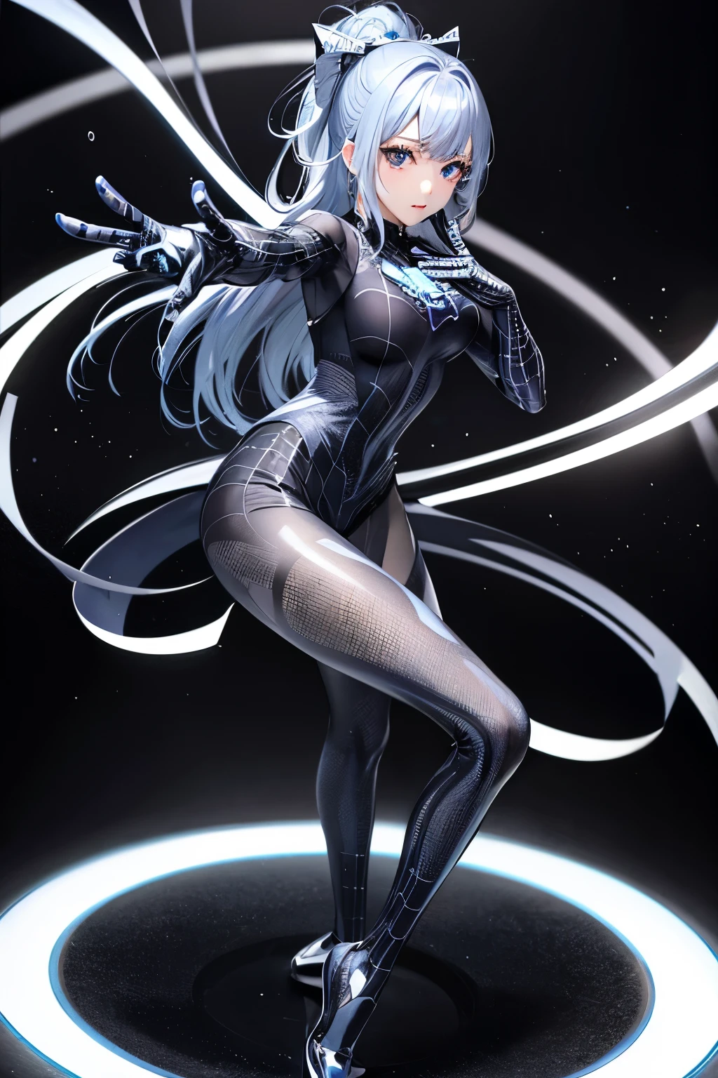 (((highest quality、first-clasasterpiece、Normal body、8k、Detailed face、Ultra-precision、Normal hand、Normal finger、5Finger、)))Blue and silver hair、Princess、Full Body Tights、Fishnet tights、dance、Hole-filled tights、ストリップdance