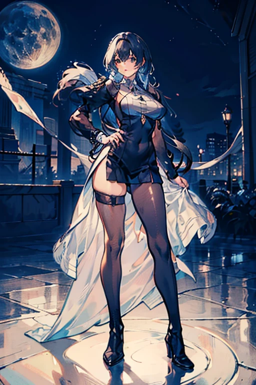 Original photo, best quality, full body photo), (Realistic, photo fidelity: 1.3), (Extremely delicate and beautiful: 1.1) 1 woman chiseled physique and wide hips, leggings, pleated skirt, sports top, high ponytail, high boots, long fur jacket, on a hazy moonlit night in a ghost town, monochrome style, line art, detailed face, detailed eye's, detailed lips, wide hips
