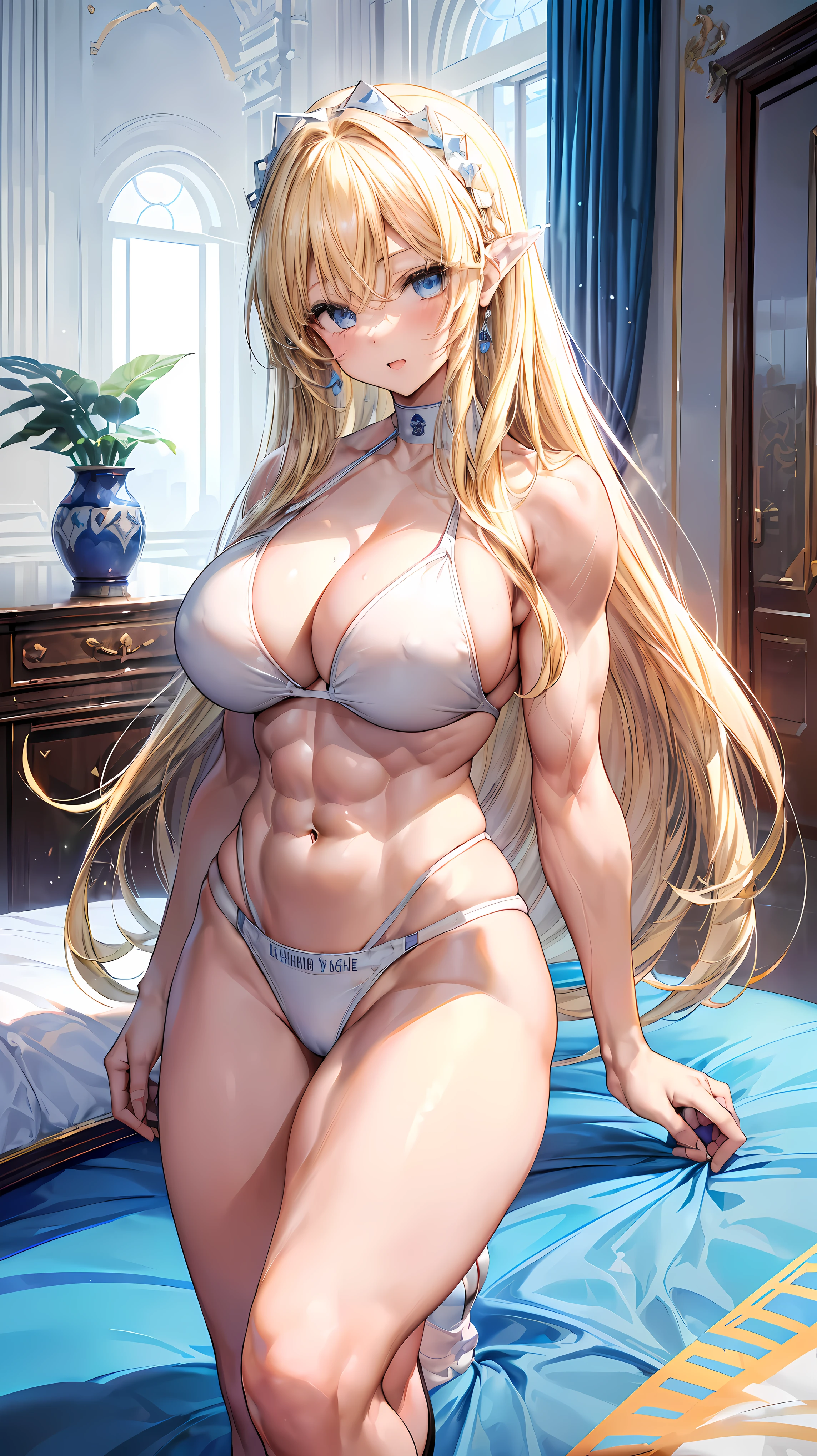 Very detailed、highest quality、Best image quality、masterpiece、8k、Anime Face、A kind smile、(Open your mouth:1.3)、Sparkling blue eyes、(Blonde semi-long hair:1.5)、(Muscles of the whole body:1.3)、(High leg:2.0)、Thigh belt、(White high cut bikini:1.5)、(Upper body photo:1.5)、(SFW Giant)、(Thick body:1.2)、(In the bedroom)