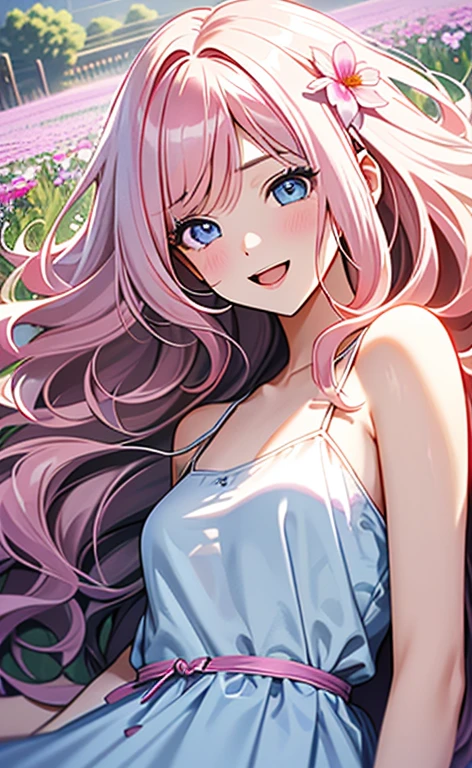 (masterpiece:1.4、top-quality、illustration:,realistic、)、(character focus、,upper body:1.3)、(1girl),(Open mouth light smile:1.3),(),cute face,blue eyes、(tareme:1.3)、from above
(on back
:1.4),(pink blonde hair),(very long hair:1.3)、
,(Flower Field、Flower storm:1.3),(white camisole dress:1.5),
(blunt bangs),(volumey,sidelocks,wavy hair:1.3), (small breasts:1.3)、
、slender、
