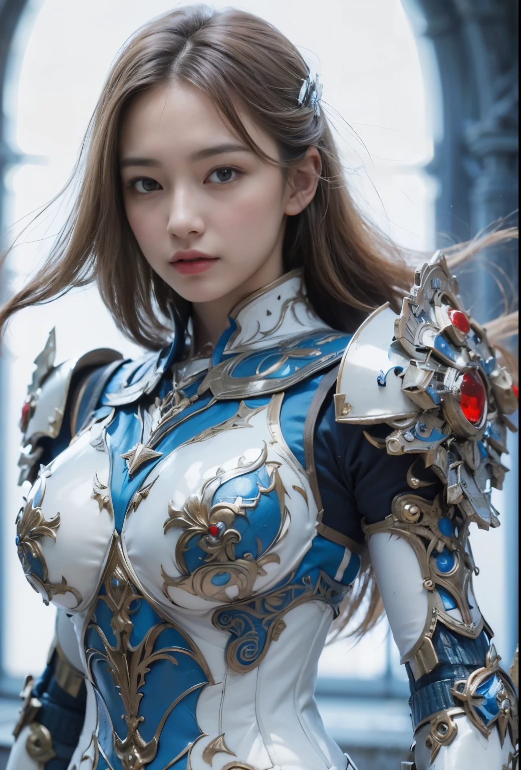 front_View, masterpiece, highest quality, Realistic, RAW Photos, (One girl, looking at Viewer), Long Hair, Mechanical White Armor, Elaborate armor, Delicate blue filigree, Exquisite craftsmanship, Red Metal Parts, Details, Dynamic pose, Detailed Background, Dynamic Lighting,