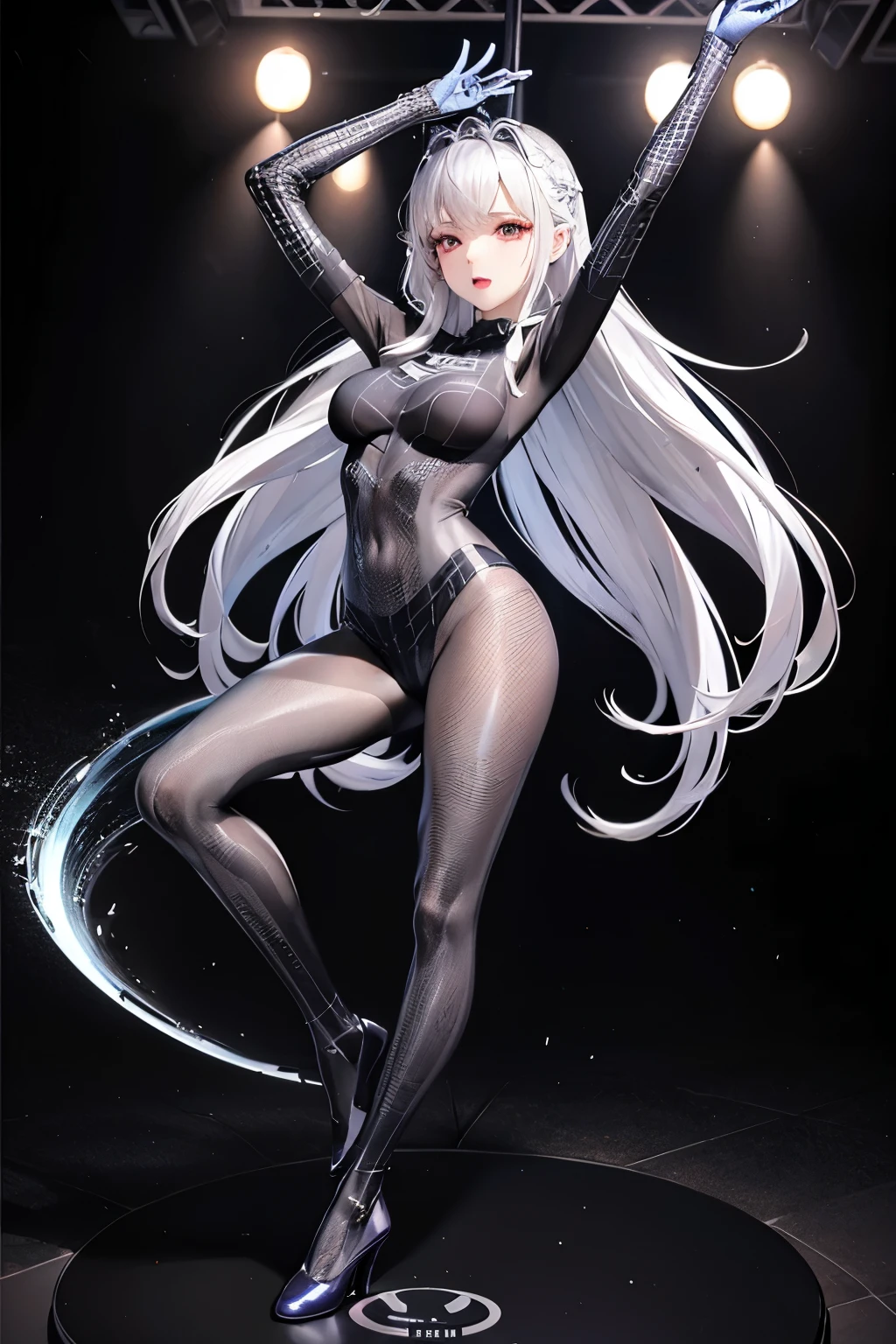 (((highest quality、first-clasasterpiece、Normal body、8k、Detailed face、Ultra-precision、Normal hand、Normal finger、5Finger、)))Silver Hair、Princess、Full Body Tights、Fishnet tights、pole dance、Dancer、A strange dance