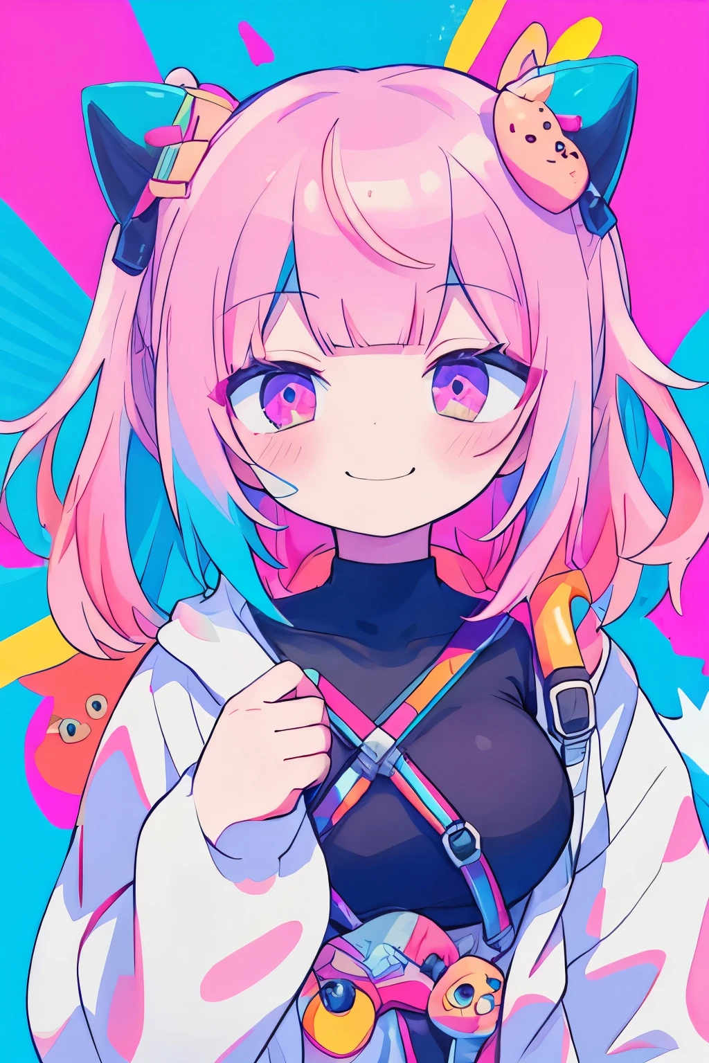 beautiful, High resolution, masterpiece, high quality, Very detailed, shape:1.5) One Woman,alone,heart 髪飾り,heart,heart 目,Multicolored Hair,Upper Body,Pink Hair,White hoodie,Multicolored background,Pink Eyes,Purple eyes,bangs,Blue Hair,Medium Hair,smile,Tall,Large Breasts,(Half-closed eyes)
