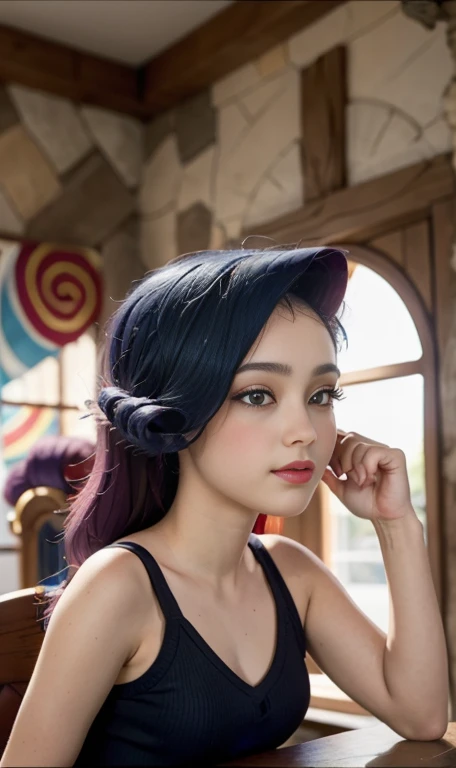 Photo oF a 17 year-old American girl, .CRUDO, beautiFul woman , cabello color purpura , pelo color purpura ((retrato)), ((Cara detallada:1.2)), ((Detailed Facial Features)), (Piel Finamente detallada), pale skin , ojos color.azul , 、un sexy(color fresco), wet, wet, ReFlectoreasutepiece) (proporciones perFectaotos realistas)(La mejor calidad) (Detallado) FotograFiado con una EOS R5 de Canon, lente de 50 mm, F/2.8, NFFSW, (8K) (papel tapiz) (cinematic lighting) (dramatic lighting) (sharp Focus) (Enrevesado) senos grandes , pechos grandes , cuerpo completo , hermoso cuerpo de adolesente , posando sexy , posando de Frente para la camara ,lindo maquillaje , gran sonrisa , labios rojos. Mlp , Rarity , outfit