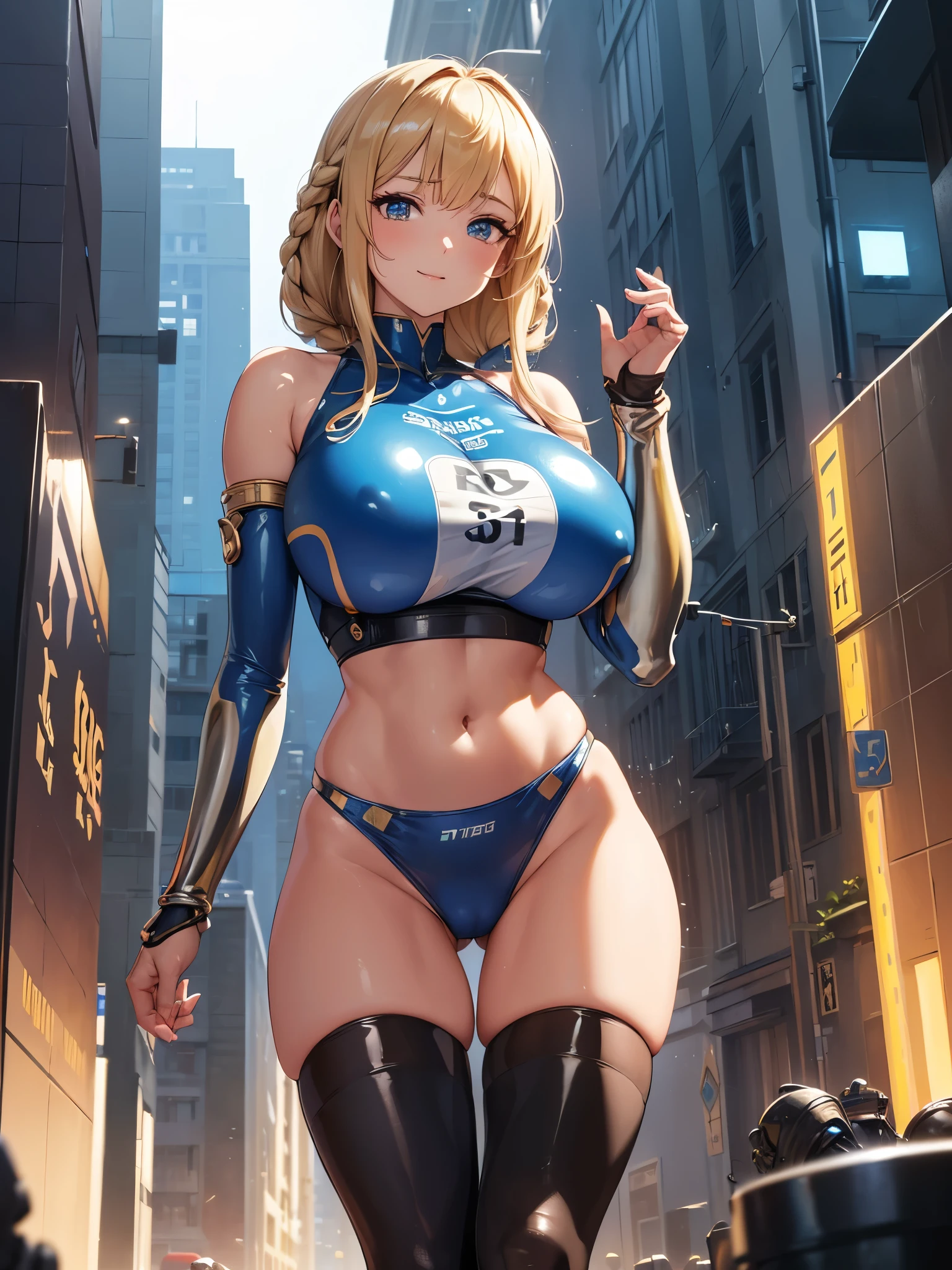 (((masterpiece))), (((best quality))), ((ultra-detailed)), (illustration), ((an extremely delicate and beautiful)), ((super detail)), ((high resolution)), (((20 years old))), metallic cloth, (cheerleader), (super heroine), (android), delicate metal decorations, gleaming skin, shiny body, two legs, breast focus, (((tall))), slender legs, ((big round eyes)), cute eyes, drooping eyes, ((adult)), two hands, five fingers, no extra hands, elegant smile, braid, ((metallic blue)), (see-through), (dark blonde), (((ultra-huge breasts))), (shining brightly), outdoor, mini skirt, daytime, ((biopunk)), (hair shorter than shoulder), (medium length hair), gynoid, (slime competition swimsuit), garden, city, ((midriff-baring outfit)), (no mob characters),