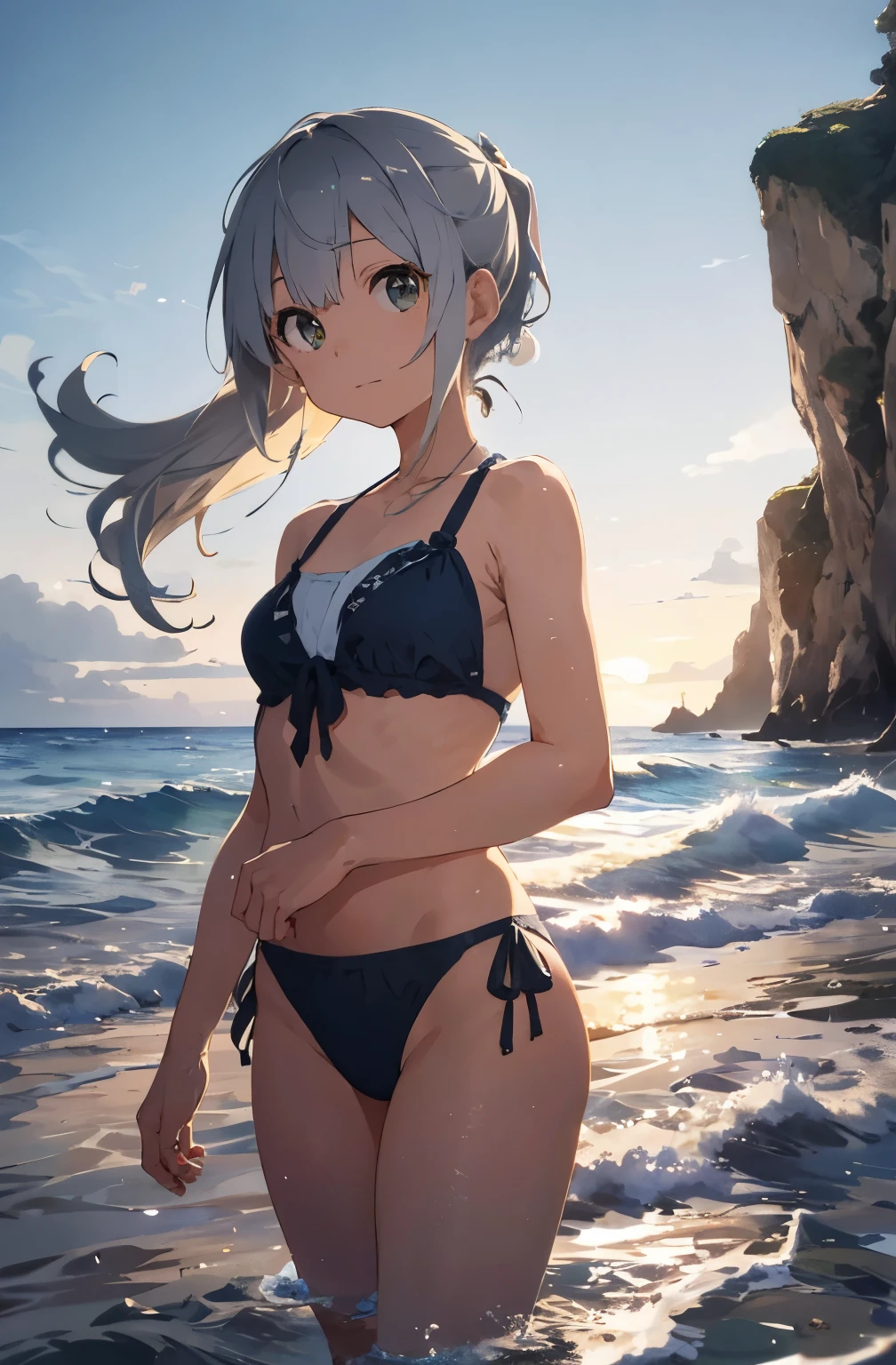 Silver-haired girl drawn in high resolution Japanese anime style、Standing alone on the white sand beach of a deserted island。She is wearing a gorgeous yellow bikini.、Her hair is in a ponytail that sparkles in the light......。The sea in the background shines emerald green......、The beach is littered with shells and pebbles.、time々、Small waves gently wash up on the shore。熱帯のwood々Swaying in the Wind、Mr......々Among the branches々Birds are singing..。wood々Colorful flowers blooming in abundance、The entire island is filled with abundant nature......。On the horizon of a distant sea、The setting sun casts a beautiful orange glow over the ocean.、It gives the whole place a mystical feel......。、Wakame seaweed、Wakame seaweed、Wakame seaweed、Wakame seaweed、Wakame seaweed、Wakame seaweed、