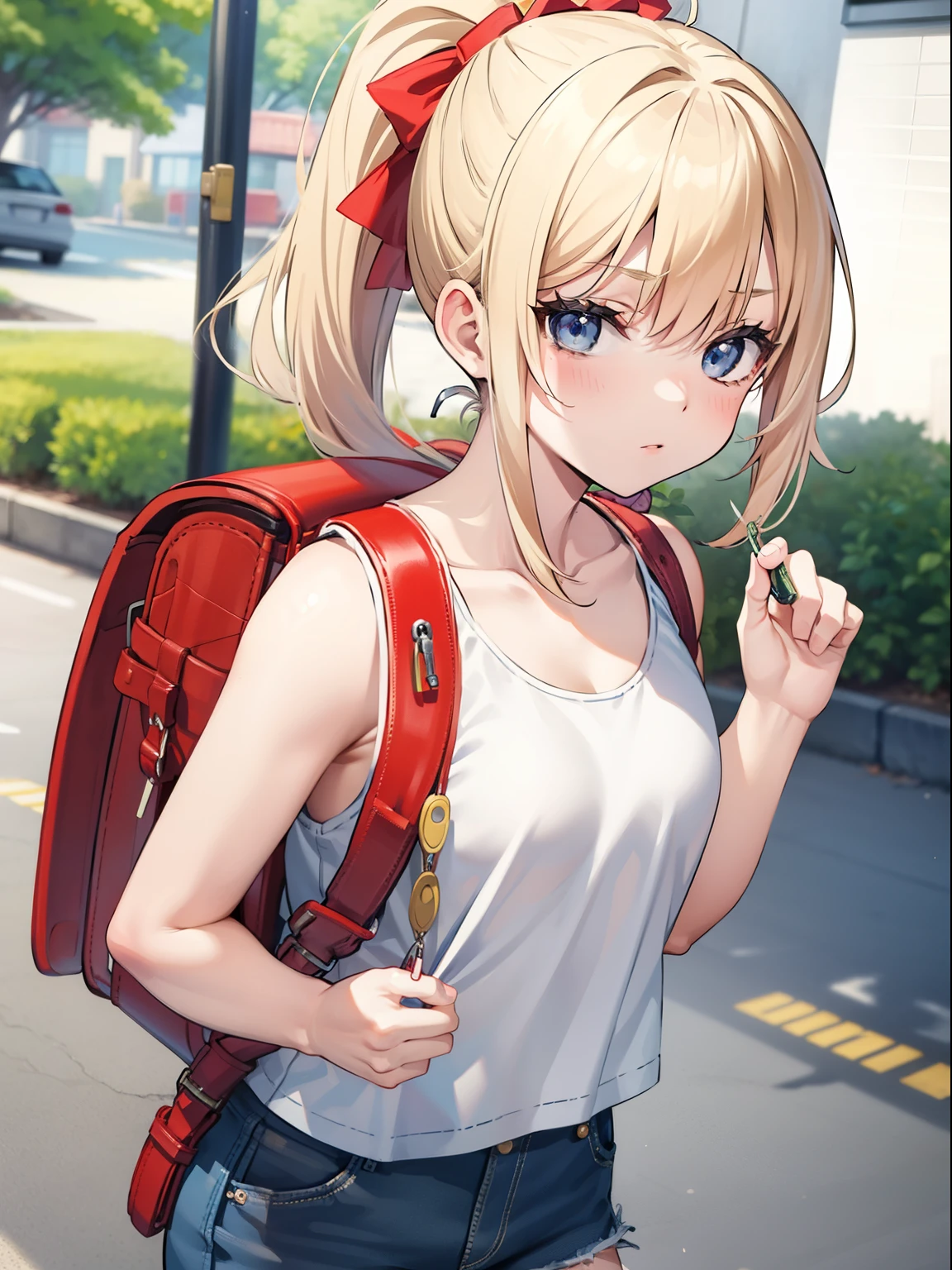 Masterpiece, hd, A young woman wear white tanktop, blonde hair, ponytail, 18 y.o, shortpants, carry backpack, (red backpack:1.0), outdoor, day, realistic background, streets