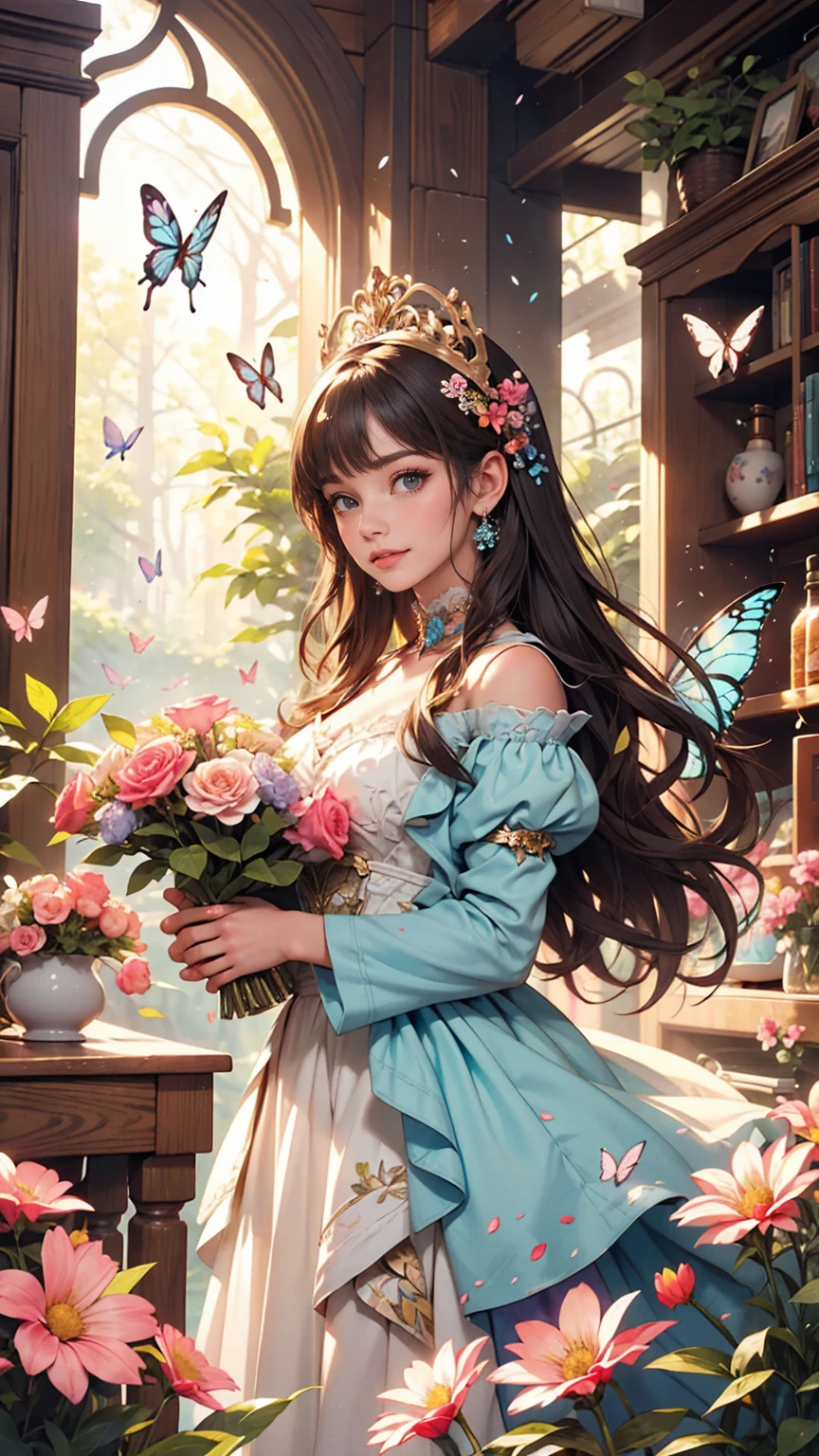 Beautiful girl in a fairy costume, Surrounded by flowers and butterflies. content: Watercolor. style: Whimsical and delicate, Like an illustration in a children's book.