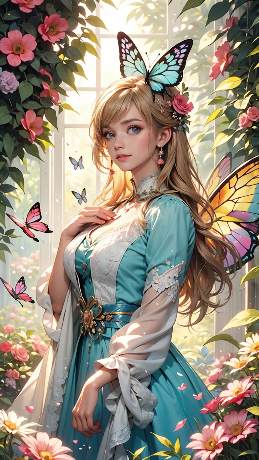 Beautiful girl in a fairy costume, Surrounded by flowers and butterflies. content: Watercolor. style: Whimsical and delicate, Like an illustration in a children&#39;s book.