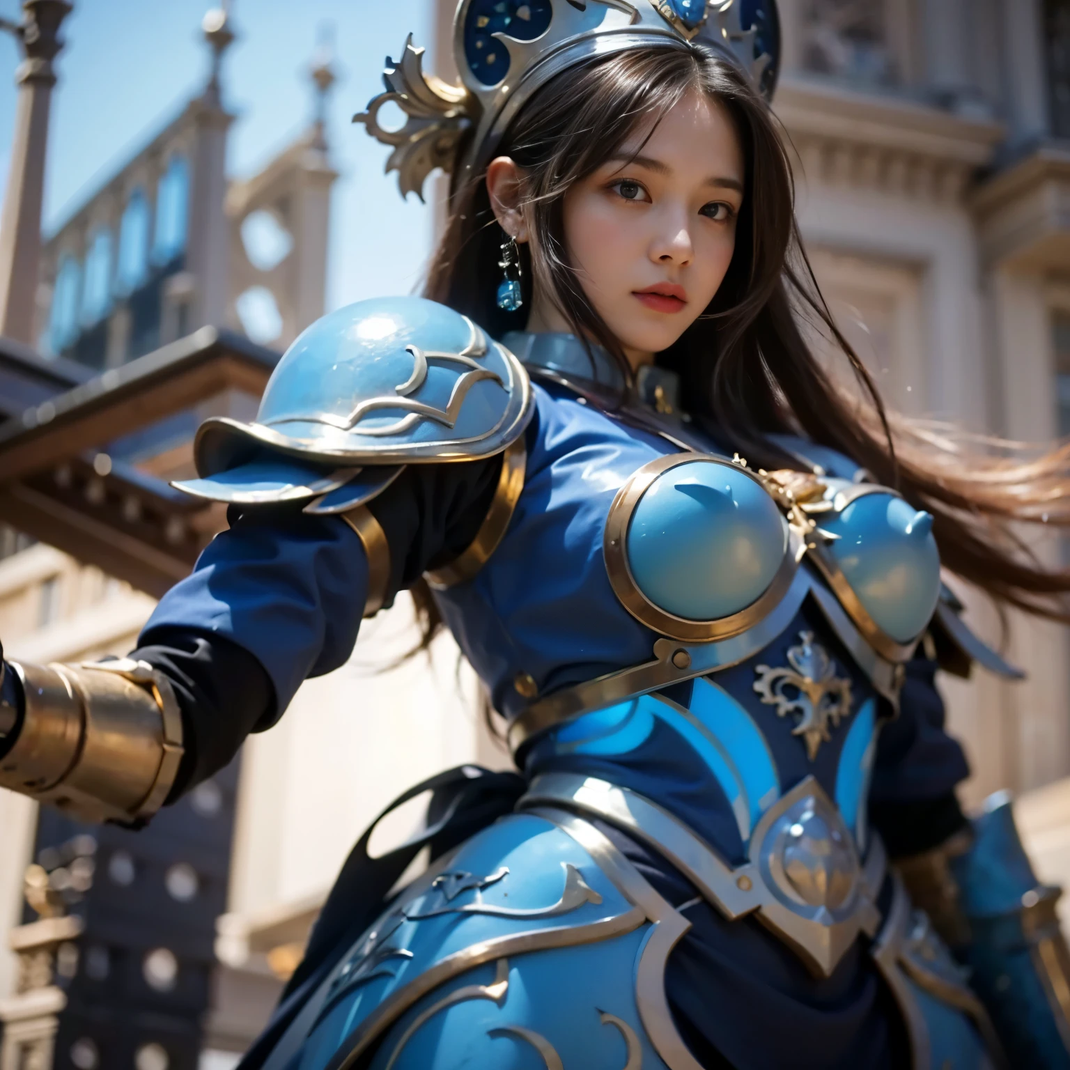 front_View, masterpiece, highest quality, Realistic, RAW Photos, (One girl, looking at Viewer), Long Hair, Mechanical White Armor, Elaborate armor, Delicate blue filigree, Exquisite craftsmanship, Red Metal Parts, Details, Dynamic pose, Detailed Background, Dynamic Lighting,
