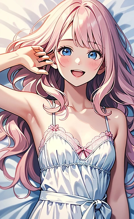 (masterpiece:1.4、top-quality、illustration:,realistic、)、(character focus、,upper body:1.3)、(1girl),(Open mouth light smile:1.3),(),cute face,blue eyes、(tareme:1.3)、(from above),
(on back:1.4),
(pink blonde hair),(very long hair:1.3)、
,(Flower Field、Flower storm:1.3),(white camisole dress:1.5),
(blunt bangs),(volumey,sidelocks,wavy hair:1.3), (small breasts:1.3)、
、slender、
