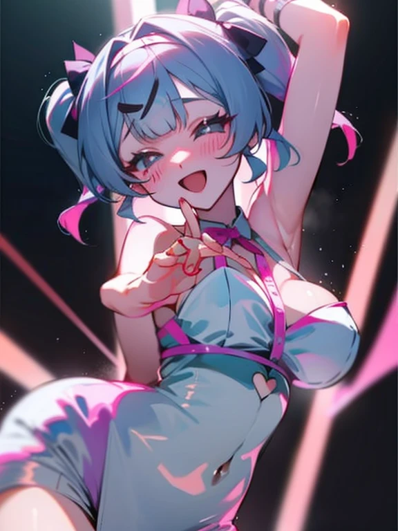 Hatsune Miku dancing happily in a yukata at a summer festival