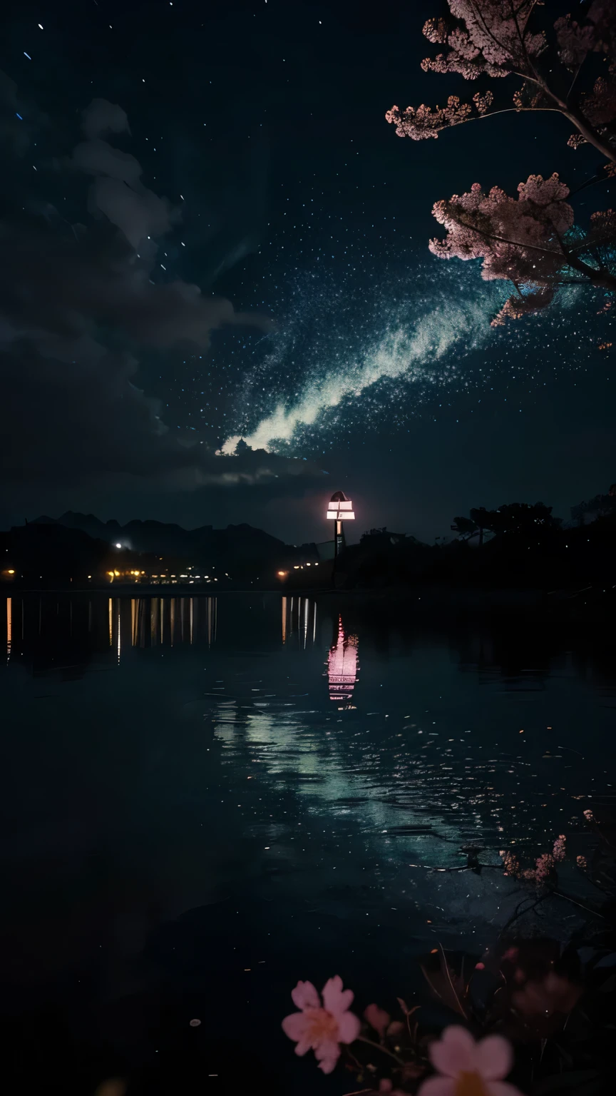 Quero uma imagem de uma chuva de folhas de sakura roxa em um ambiente obscuro e as tonalidades em neon