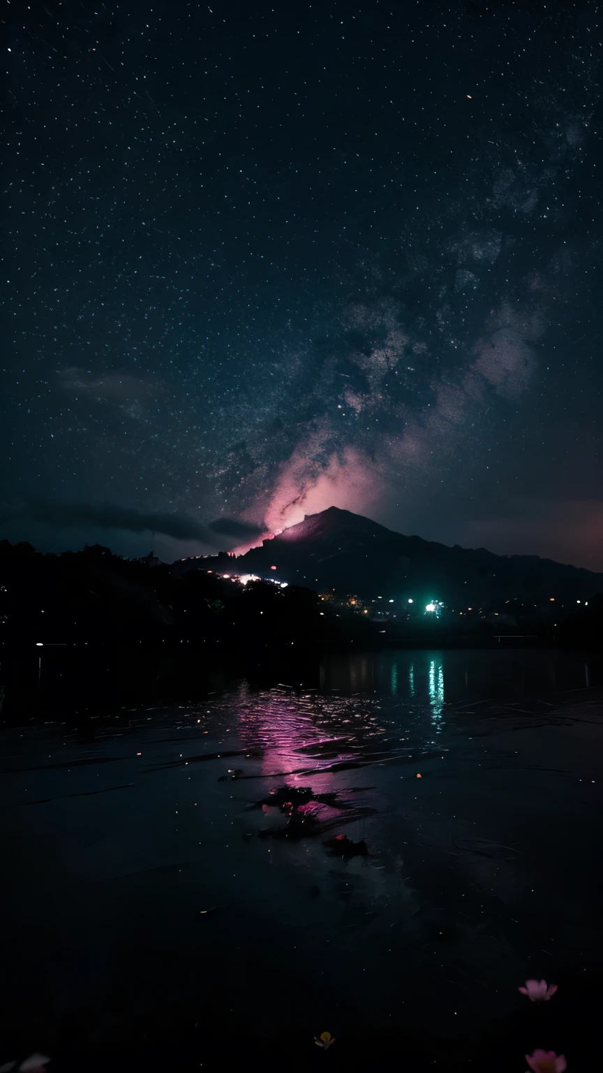 Quero uma imagem de uma chuva de folhas de sakura roxa em um ambiente obscuro e as tonalidades em neon