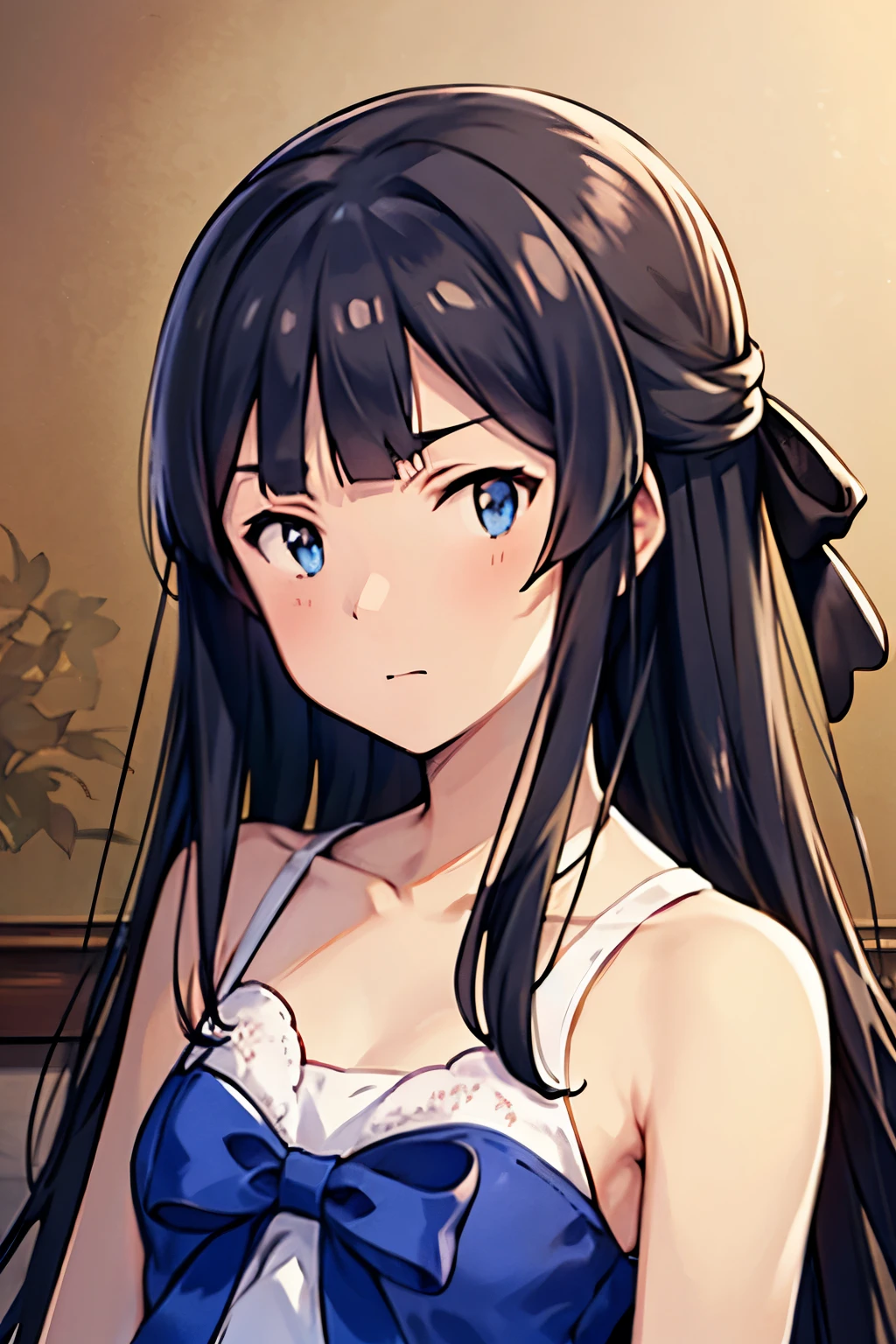Masterpiece, shizuka mogami (million live)
black hair, long hair, blue eyes, blunt bangs, sidelocks, half updo, hime cut, hair ribbon