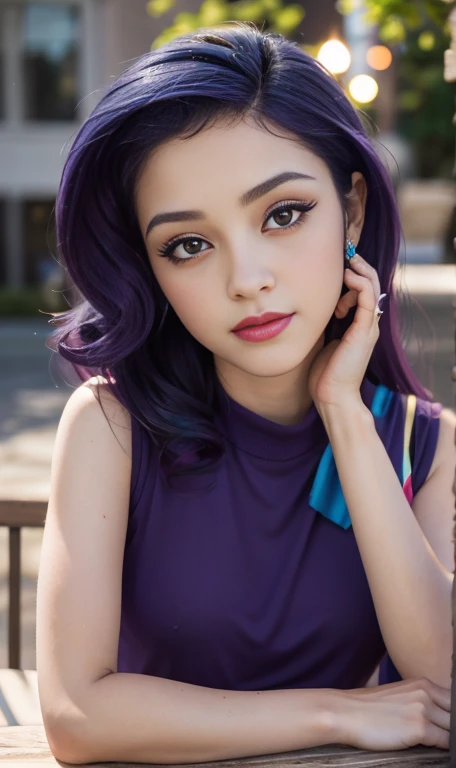 Photo oF a 17 year-old American girl, .CRUDO, beautiFul woman  , cabello color purpura , pelo color purpura  ((retrato)), ((Cara detallada:1.2)), ((Detailed Facial Features)), (Piel Finamente detallada), pale skin , ojos color.azul , 、un sexy(color fresco), wet, wet, ReFlectoreasutepiece) (proporciones perFectaotos realistas)(La mejor calidad) (Detallado) FotograFiado con una EOS R5 de Canon, lente de 50 mm, F/2.8, NFFSW, (8K) (papel tapiz) (cinematic lighting) (dramatic lighting) (sharp Focus) (Enrevesado) senos grandes , pechos grandes , cuerpo completo , hermoso cuerpo de adolesente , posando sexy  , posando de Frente para la camara ,lindo maquillaje , gran sonrisa , labios rojos. Mlp  , Rarity  , outfit  