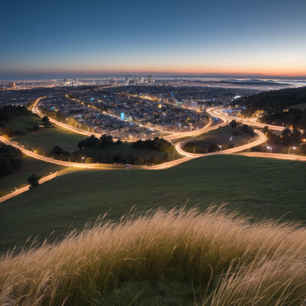 view from a top of a cliff with tall grasses in darkness overlooking a bustling light city from a distance, best quality, ultra realistic, accurate details