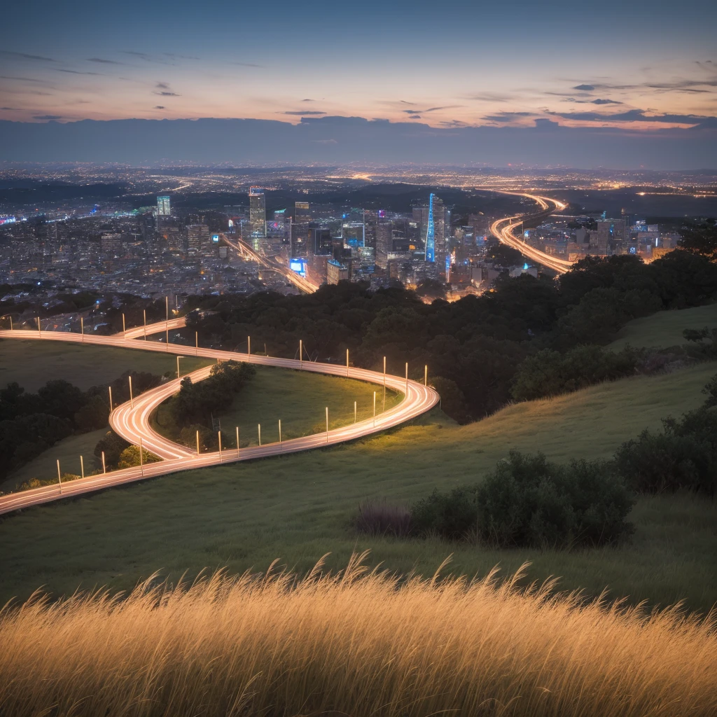 view from a top of a cliff with tall grasses in darkness overlooking a bustling light city from a distance, best quality, ultra realistic, accurate details