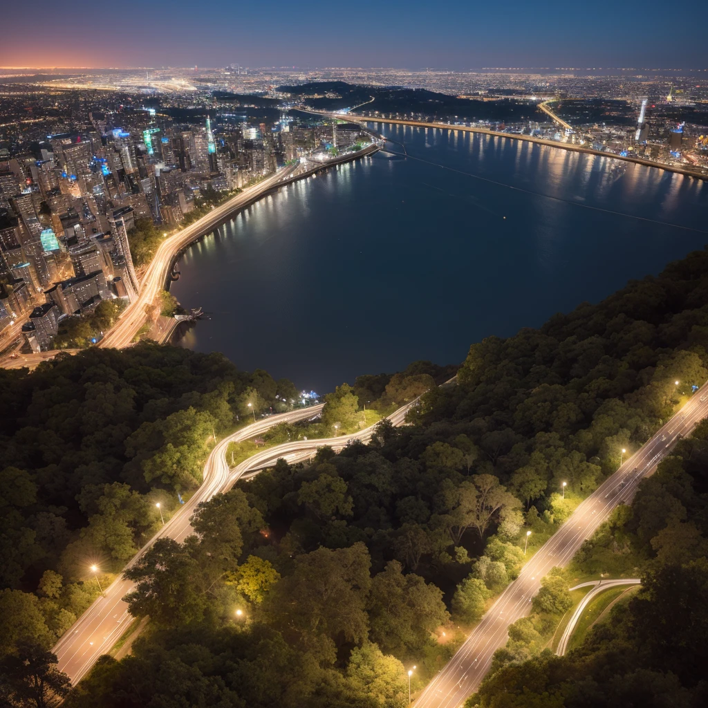 view from a top of a cliff with tall grasses in darkness overlooking a bustling light city from a distance, best quality, ultra realistic, accurate details