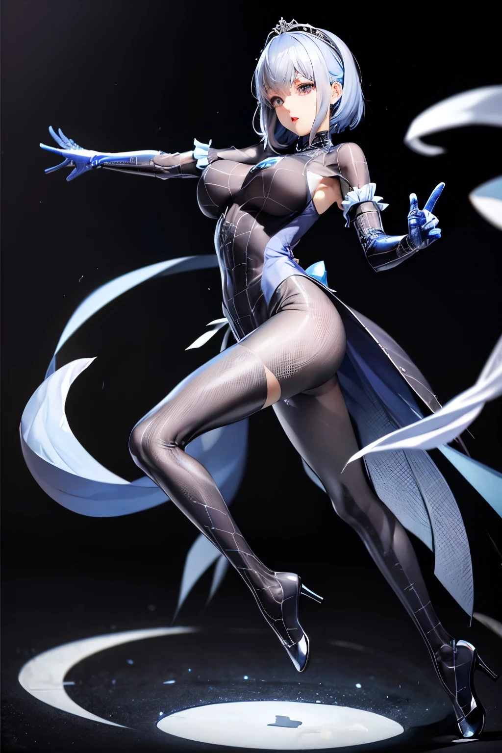(((highest quality、first-clasasterpiece、Normal body、8k、Detailed face、Ultra-precision、Normal hand、Normal finger、5Finger、)))Blue and silver hair、Princess、Full Body Tights、Fishnet tights、dance、Hole-filled tights、Kagura dance