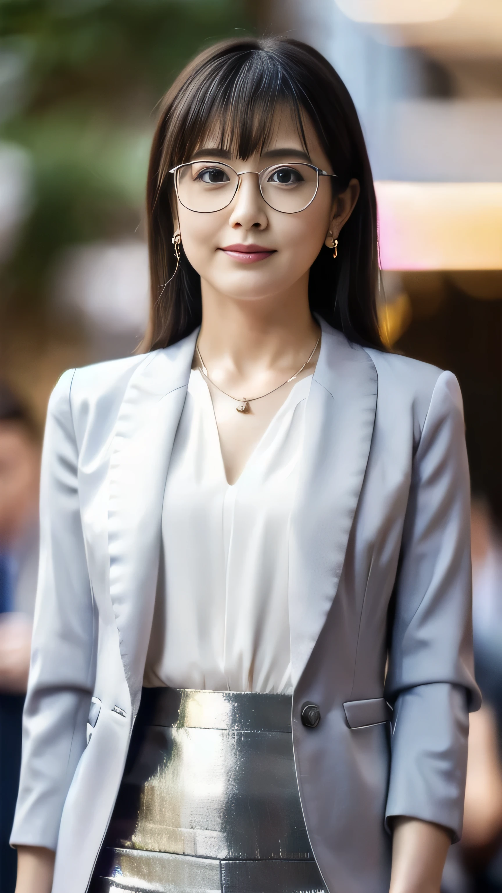 High resolution, Highly detailed photos, Hyper Real, Professional Lighting, Detailed bust, 8k wallpaper, Tabletop, highest quality, 1 girl, Beaver, Looking at the audience, suit, Dark blue suit, shirt, Silver-rimmed glasses, Earrings, necklace, mini skirt, Shapely bust, Bokeh, Lower your arms