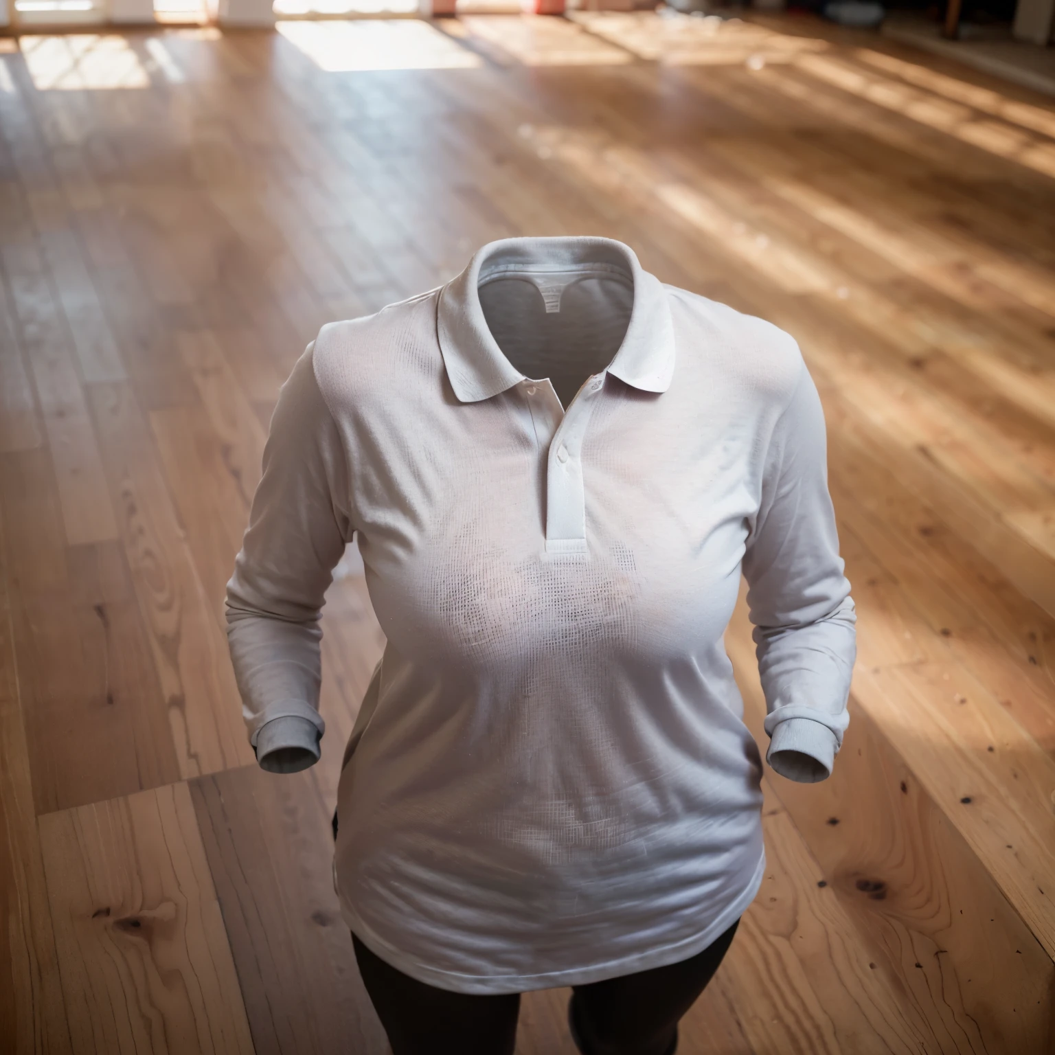 polo shirt, running, from above, cute big breasts, (invisible, no human, headless, handless:1.5), (8k, RAW photo, best quality, masterpiece:1.2), (realistic, photo-realistic:1.37), photon mapping, radiosity, ((Hasselblad photography)), physically-based rendering