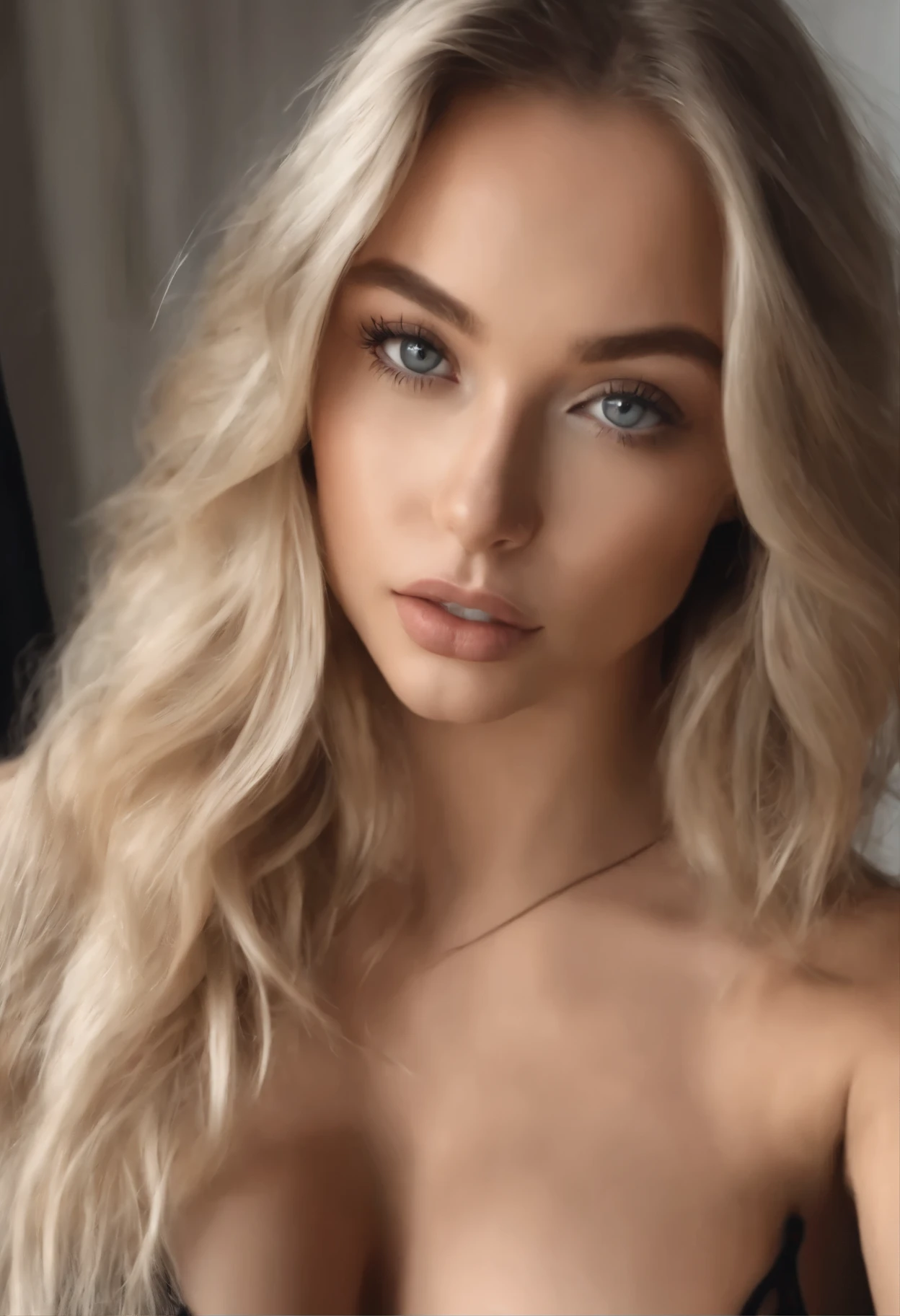 woman with matching tank top and panties, fille sexy aux yeux bleus, Portrait Sophie Mudd, Portrait de Corinna Kopf, cheveux blonds et grands yeux, selfie of a young woman, ohne Maquillage, maquillage naturel, Look directly into the camera, Visage avec Artgram, dezentes Maquillage, Superbe photo du corps entier, dans la chambre, gros seins, Blonde, Latin, big