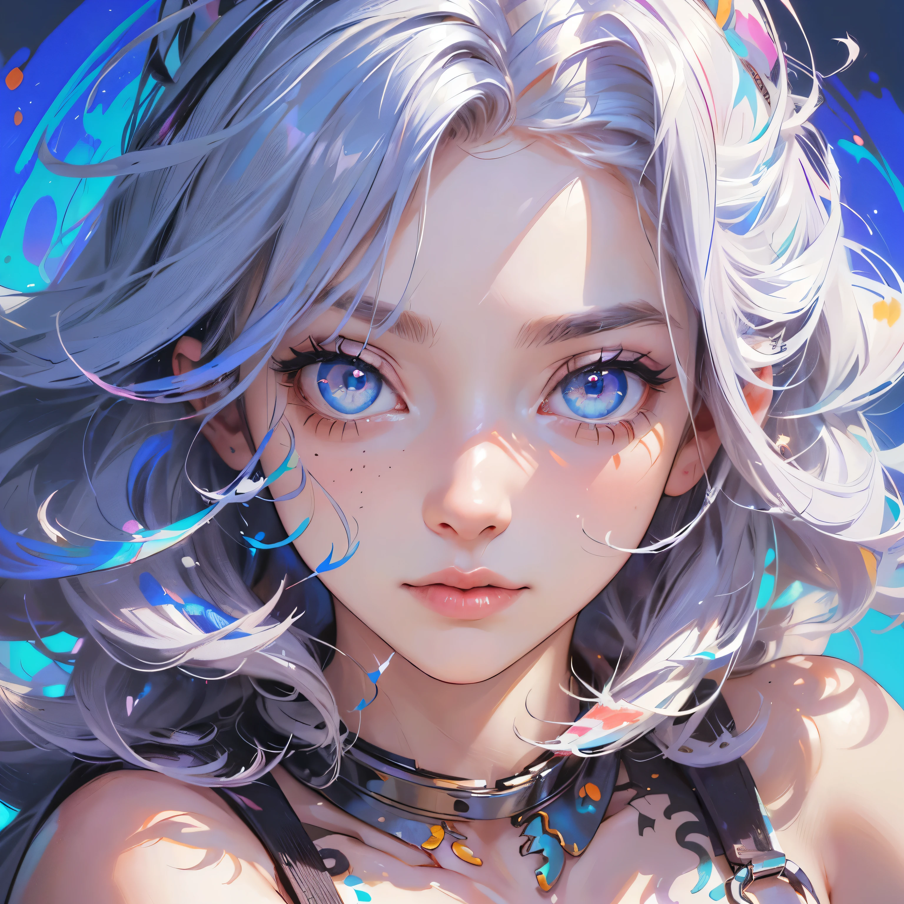 portrait, close,(((Masterpiece))),(((Best quality))),((Ultra-detailed)),(illustration),(Dynamic Angle), ((Floating)),(Paint),((Disheveled hair)), (Solo),(1girll), ((small_Breasts)), (((Detailed anima face))),((Beautiful detailed face)),Collar,Bare shoulders,  White hair, ((Colorful hair)),((Striped hair)), Beautiful detailed eyes,(Gradient color eyes),(((Colorful eyes))), (((Colorful background))),(((High saturation))),(((Surrounded by colorful splashes))),(((surrounded by colorful dot))),colorful bubble,((Shining))