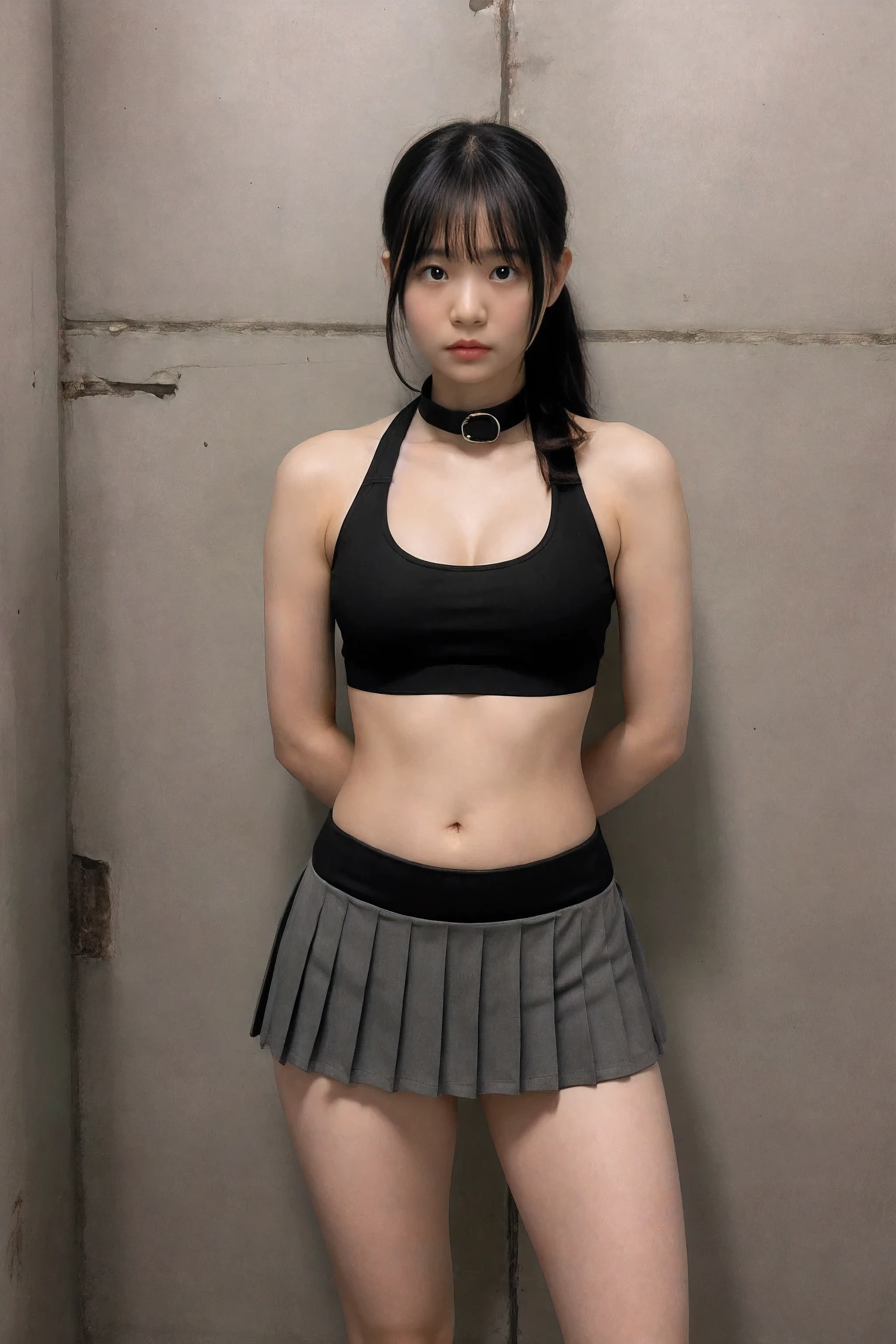 In prison, black collar, three cheerleaders, ************, (looking at viewer), (arms behind back), (symmetrical pose), sports bra, navel exposed, pleated micro-mini skirt, socks, being trained by master, sad expression