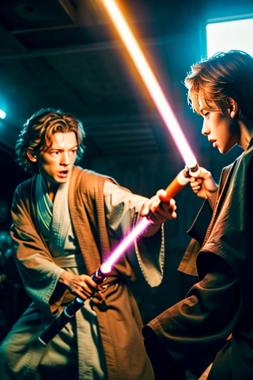 An old Jedi and a young Jedi fighting with lightsabers, 8k, super detail, best quality, (photorealistic:1.5)