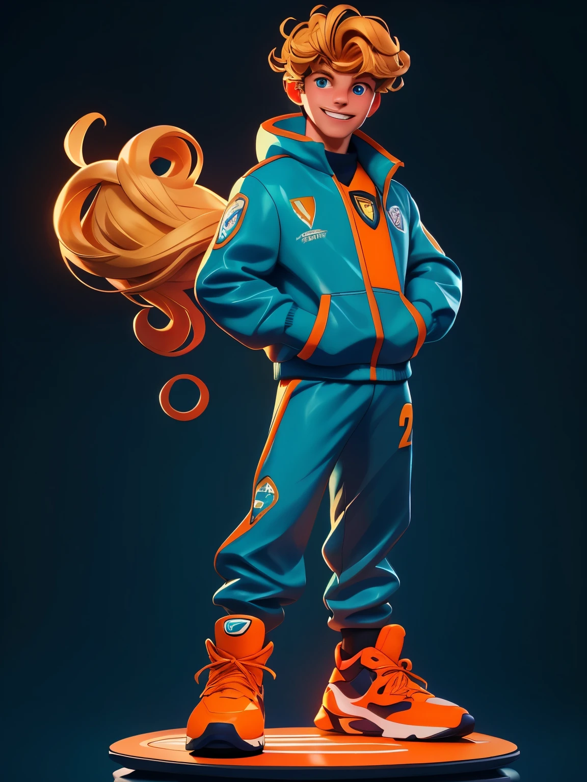 20 year old male goalkeeper，Towards the future，tmasterpiece，HighestQuali，（（Photorealsitic：1.4））tmasterpiece，（tmasterpiece，Best quality at best）Wearing a black tracksuit，Orange football shoes，soccer ball under feet，Elaborate Eyes，happy grin，clean backdrop，Delicate sheen, brazilian, curly blonde hair, 8k，C4D，rendering，illustratio，very delicate beautiful，highly detailed CG，8k wallpaper，astounding，finely detailled，highly detailed CG Unity 8k wallpapers，hugefilesize，super detailing，超A high resolution，A high resolution，Very detailed，（（very detailed eyes and faces）），Beautiful and delicate eyes，Very delicate face， perfect litthing，Facial light，Natural colors，（（20-year-old soccer star）），From the front light, boxed collectible, microphone hairstyle, curly blonde