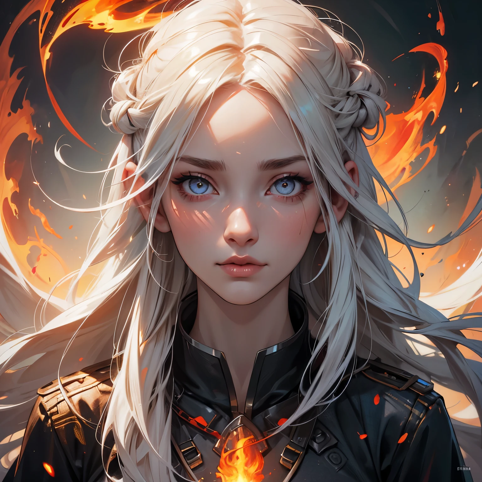 portrait, The extreme beautiful goddess of fire, white skin, colorful mystic light, fire glow eyes, UHD, by Aleksi Briclot and Alessio Albi and Emilia Rodriguez and Adela Weiss
