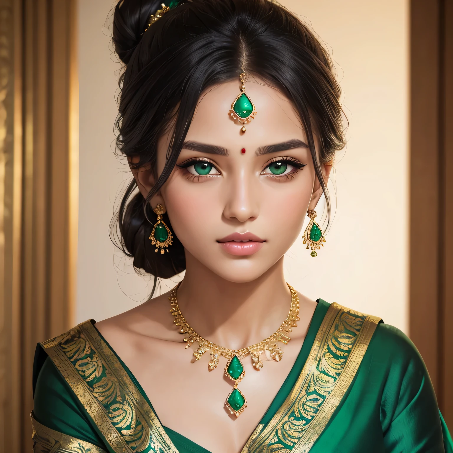 Amazing portrait of a sexy woman with a beautiful face and her hair tied in a bun with emerald jewellery emphasizing her beautiful face with grey eyes and fair skin while blushing intensely with her glossy lips parted wearing a  dark green blouse and saree with gold patterns