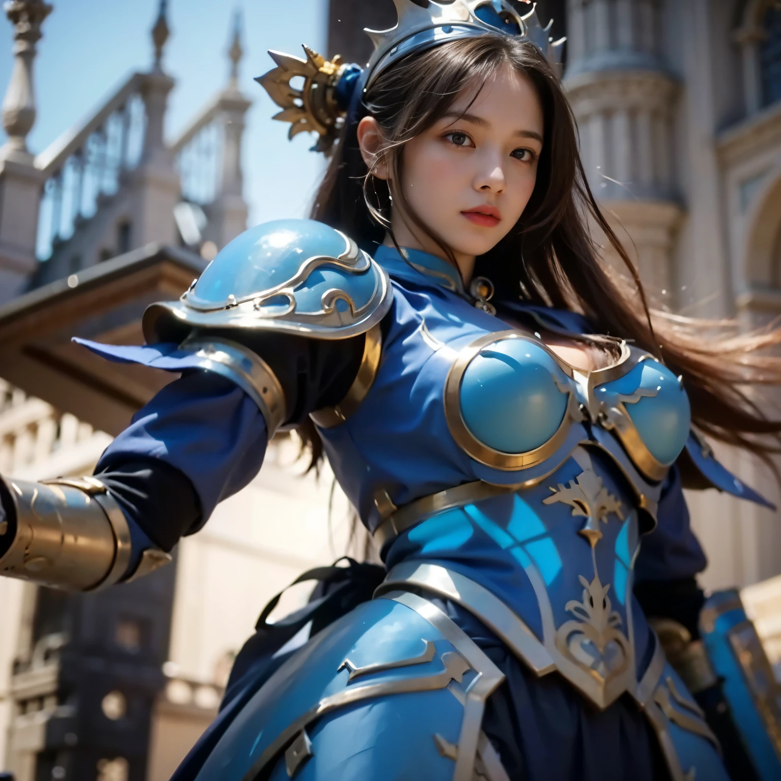 front_View, masterpiece, highest quality, Realistic, RAW Photos, (One girl, looking at Viewer), Long Hair, Mechanical White Armor, Elaborate armor, Delicate blue filigree, Exquisite craftsmanship, Red Metal Parts, Details, Dynamic pose, Detailed Background, Dynamic Lighting,