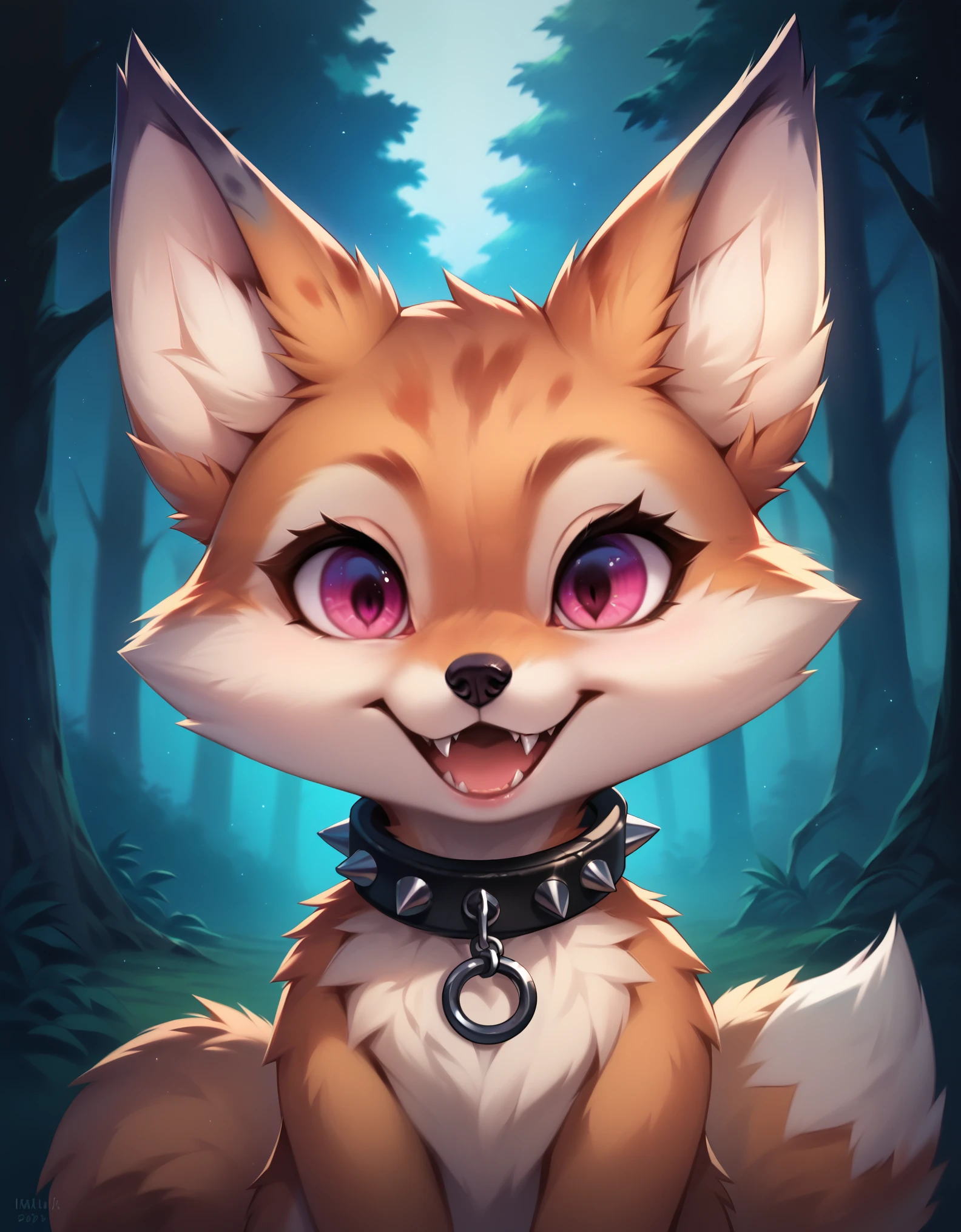 score_9, score_8_up, score_7_up, score_6_up, rating safe, source furry, vulpera, female, solo, cute expression, multicolored body, black nose, cute fangs, pink eyes, spiked collar, detailed background, forest, night, front view, grey fur