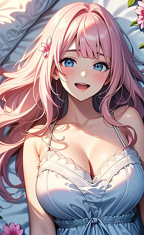 (masterpiece:1.4、top-quality、illustration:,realistic、)、(character focus、,upper body:1.3)、(1girl),(Open mouth light smile:1.3),(),cute face,blue eyes、(tareme:1.3)、(from above),
(on back:1.4),
(pink blonde hair),(very long hair:1.3)、
,(Flower Field:1.3、Flower storm:1.3),(white camisole dress:1.5),
(blunt bangs),(volumey,sidelocks,wavy hair:1.3), (huge breasts:1.3)、
、slender、